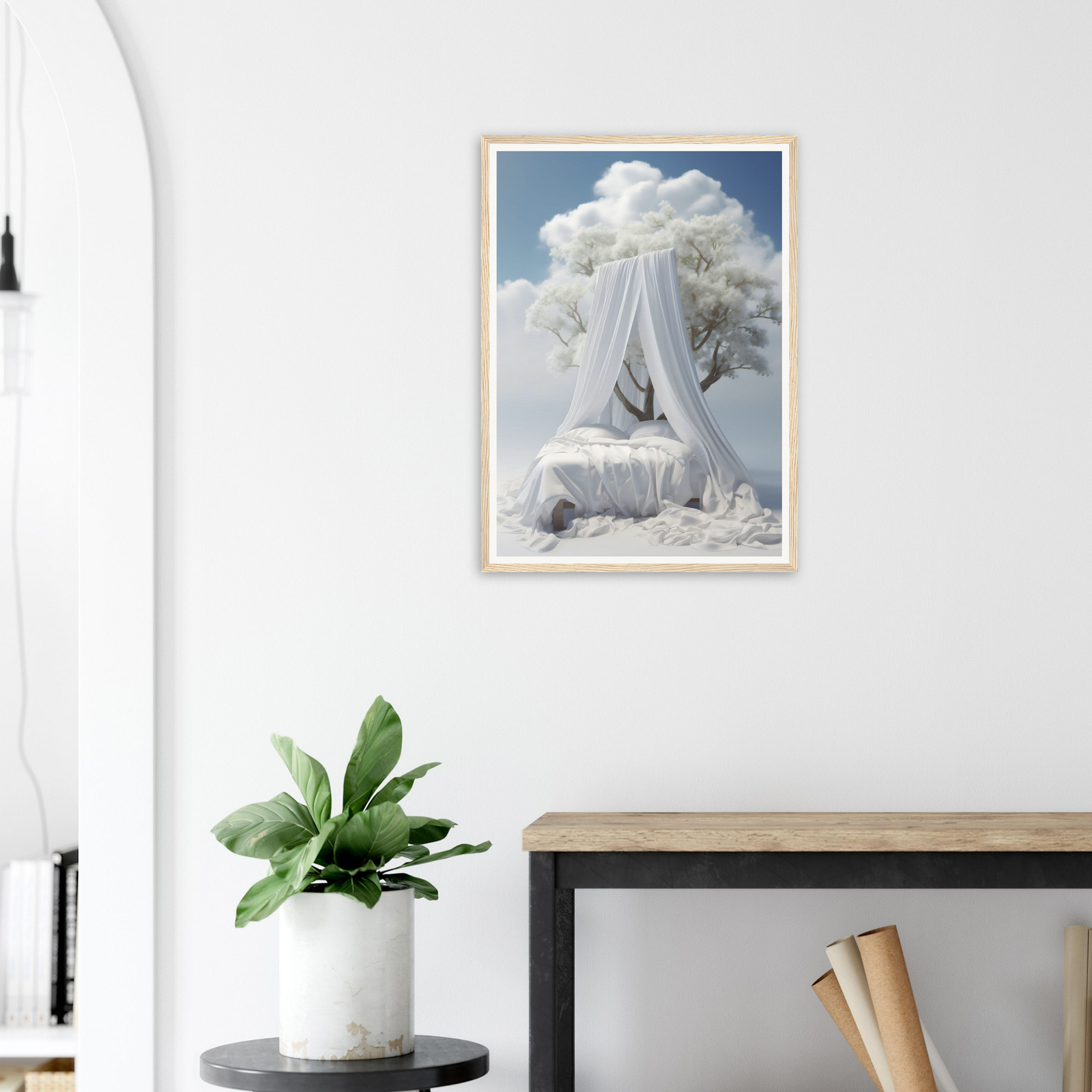 A framed print of a white tree with a white canopy