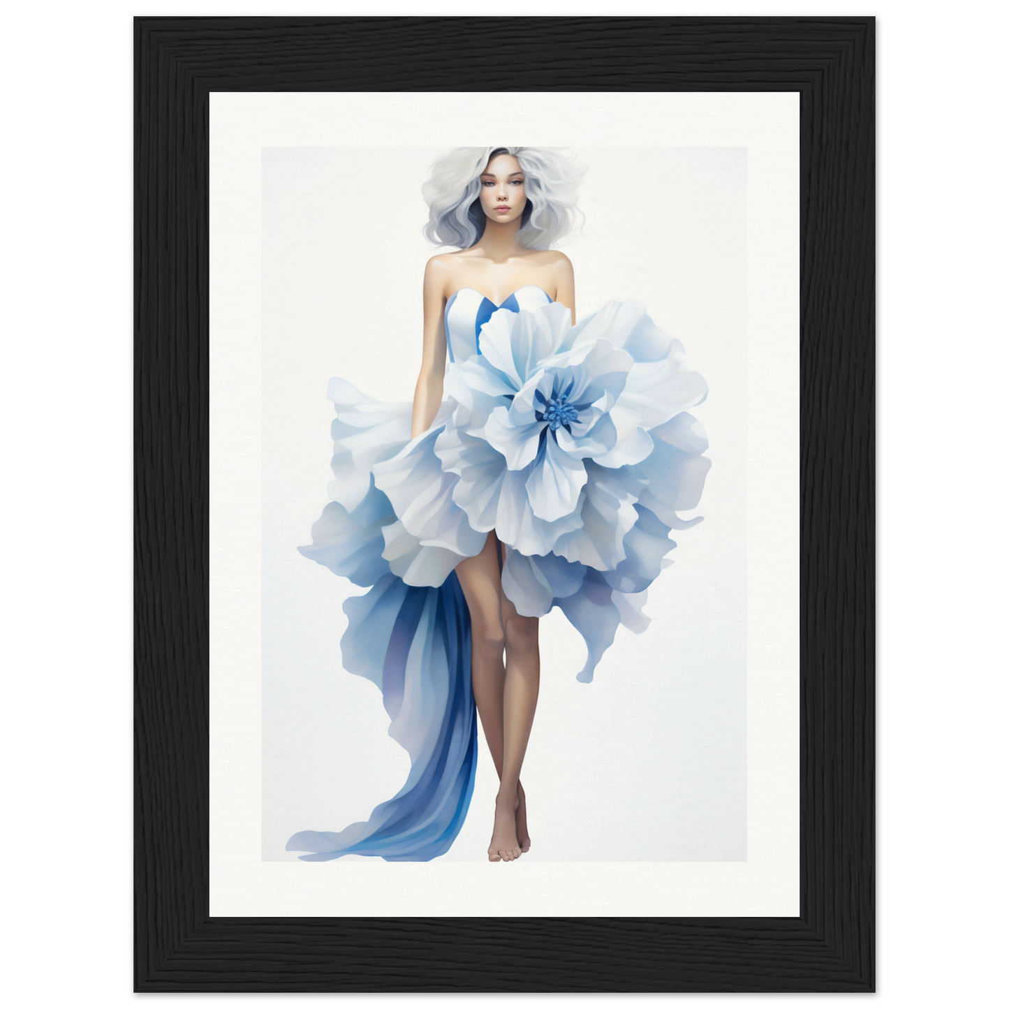 A framed print of a woman in a blue dress