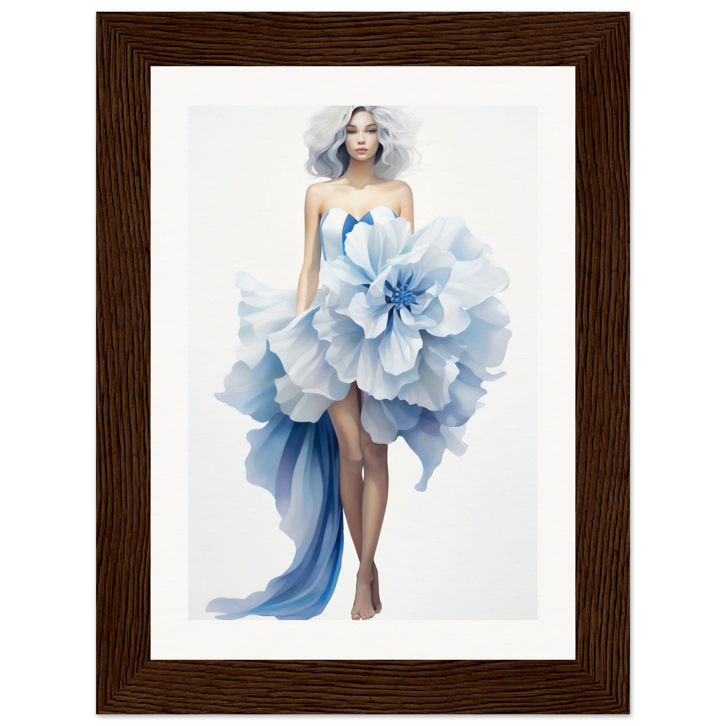 A framed print of a woman in a blue dress