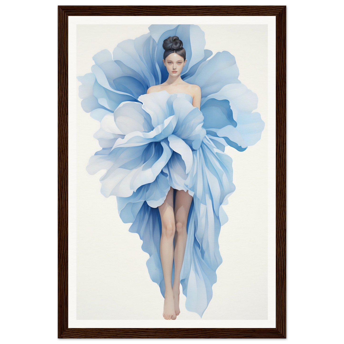 A framed print of a woman in a blue dress