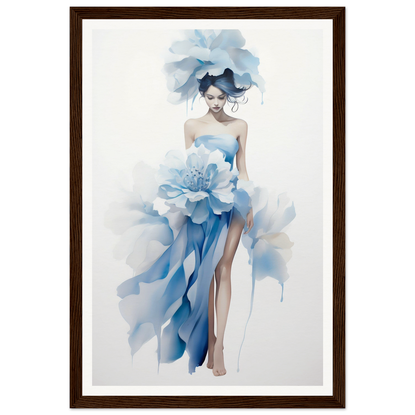 A framed print of a woman in a blue dress with flowers