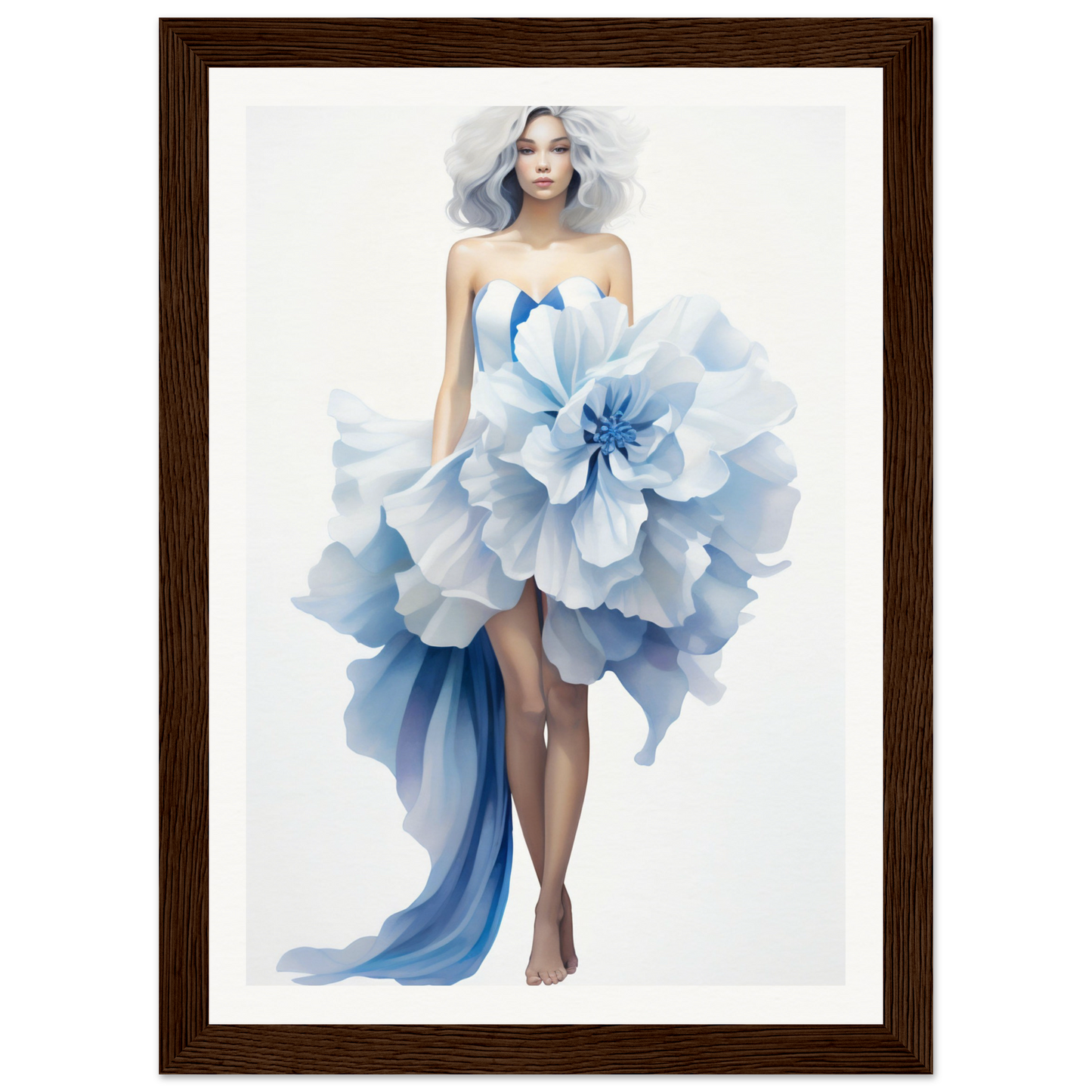 A framed print of a woman in a blue dress with a large flower