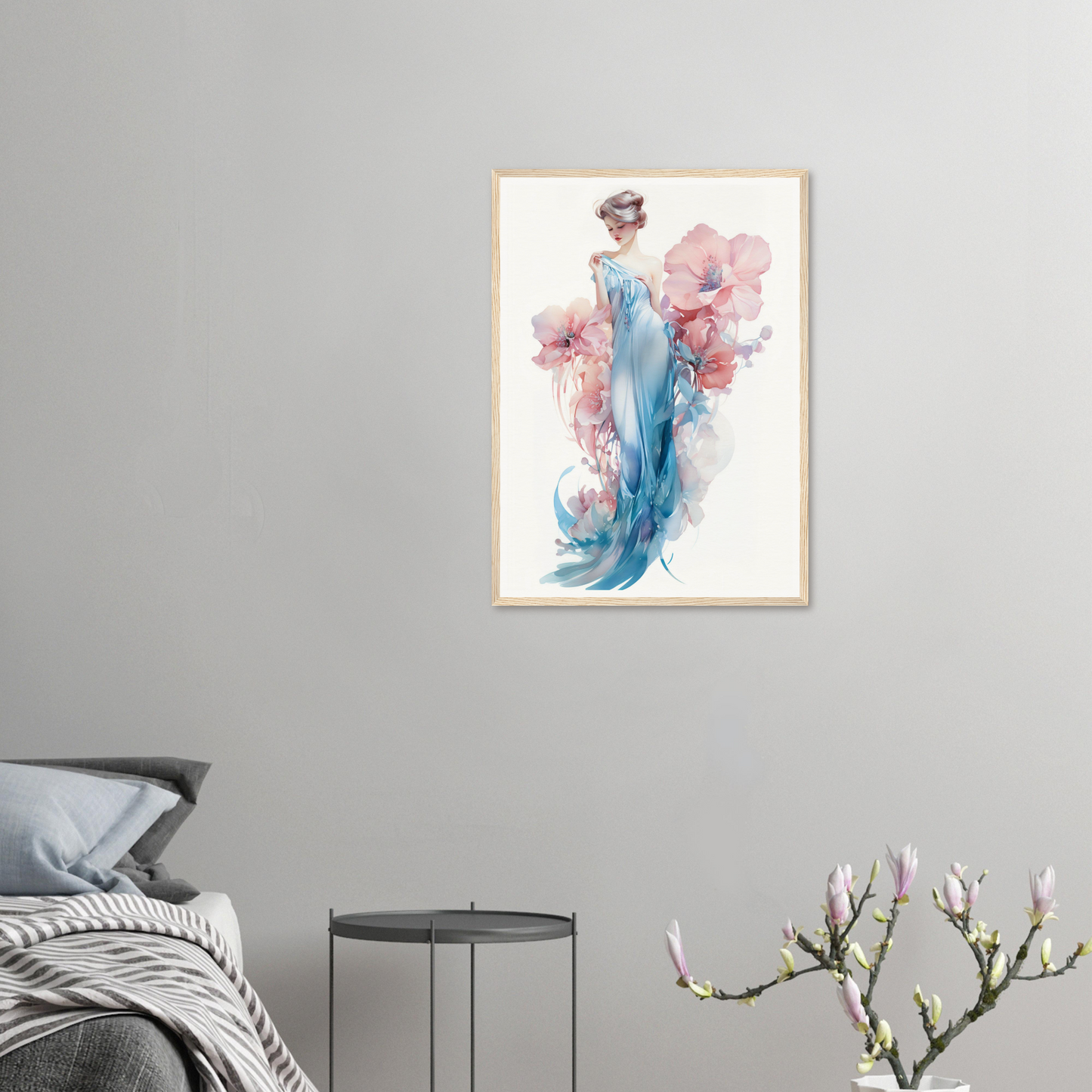 A framed print of a woman in a blue dress with flowers