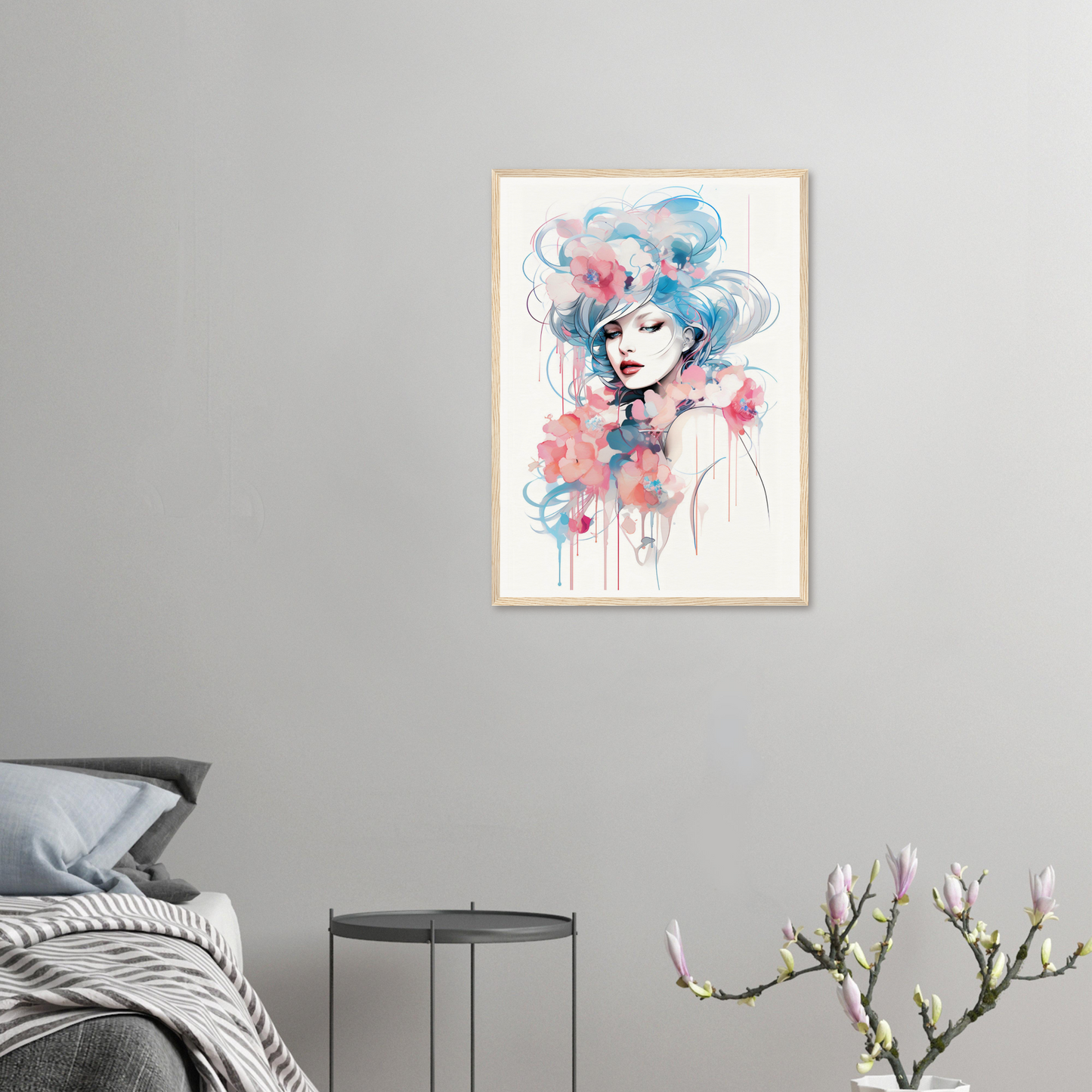 A framed print of a woman with blue hair and pink flowers