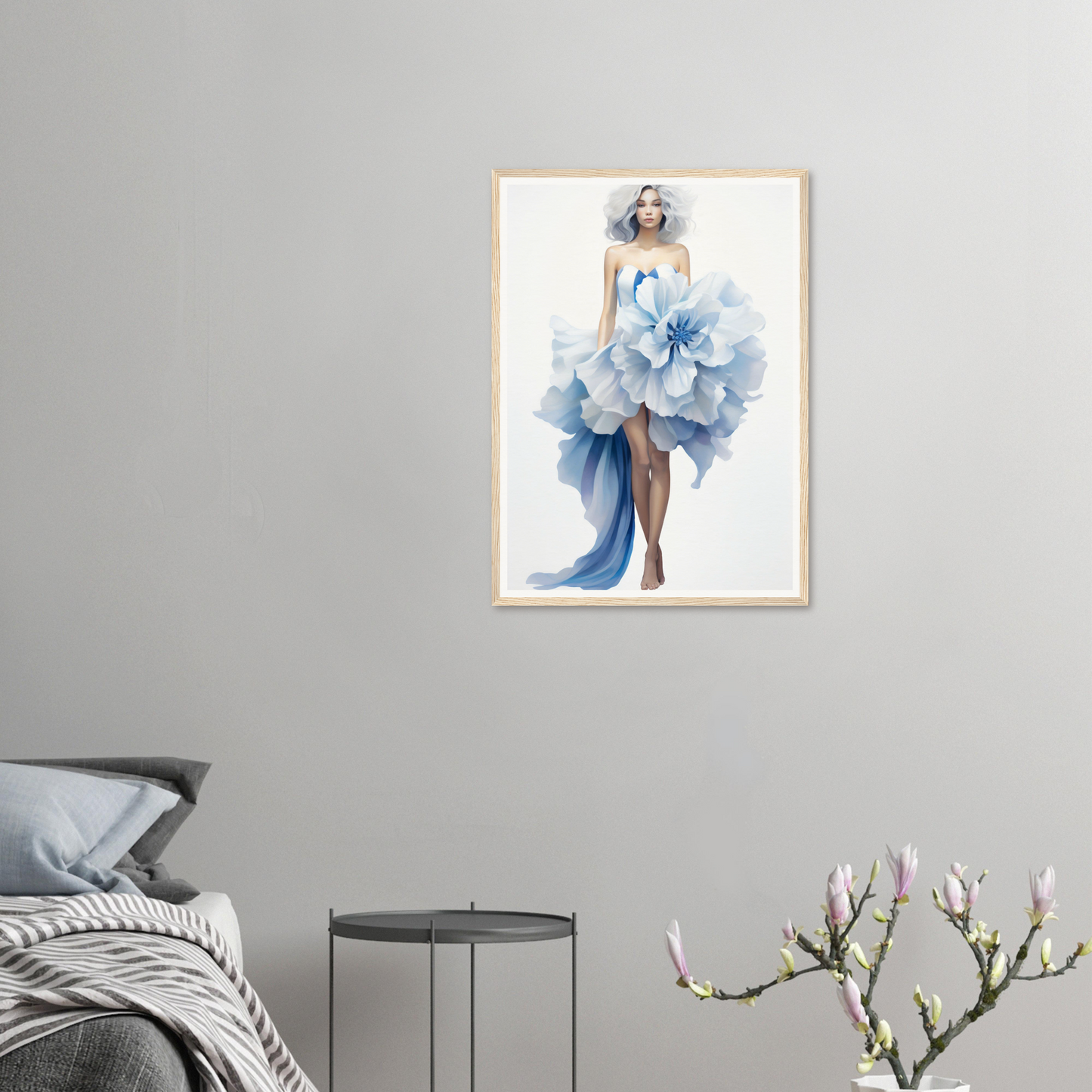 A framed print of a woman in a blue dress