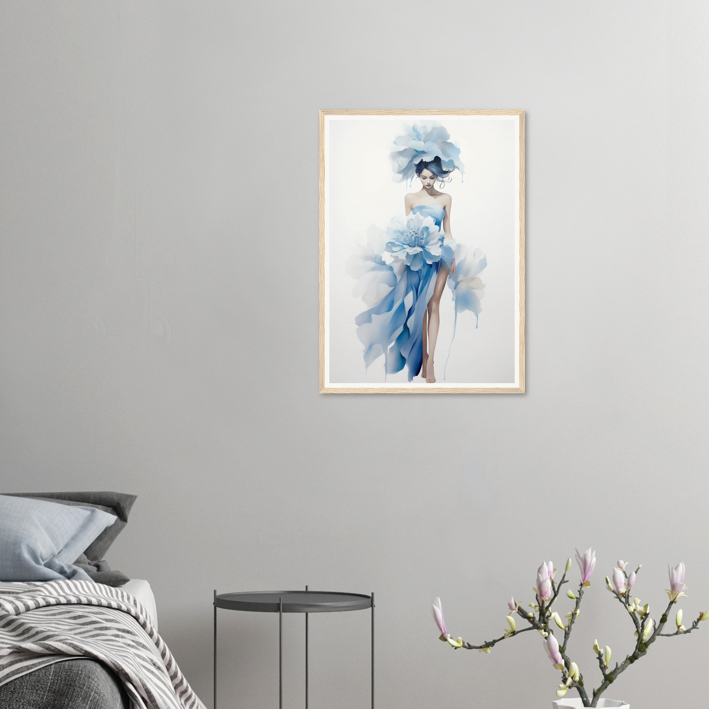 A framed print of a woman in a blue dress