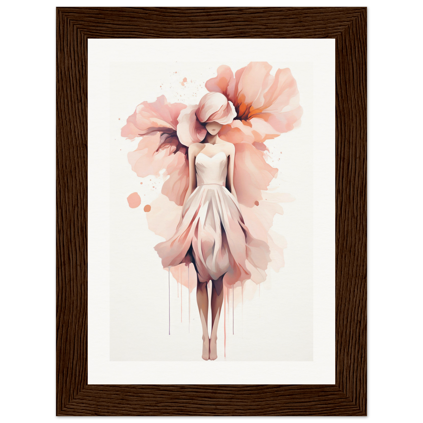 A framed print with a woman in a dress and flowers