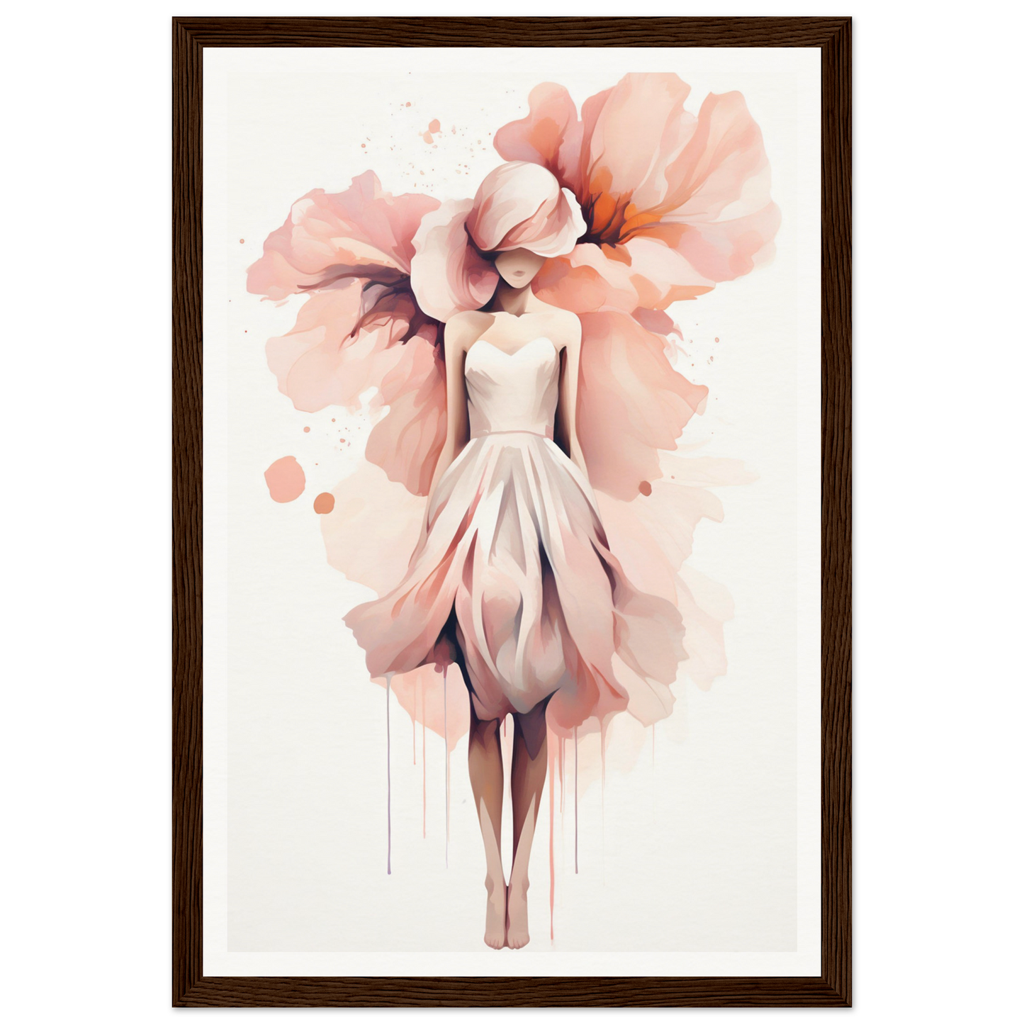 A framed print with a woman in a dress and flowers