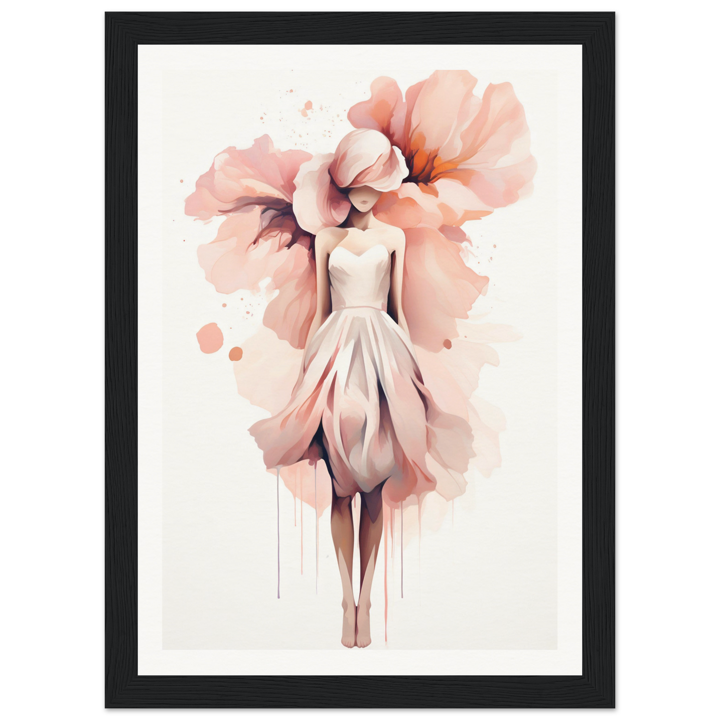 A framed print with a woman in a dress and flowers