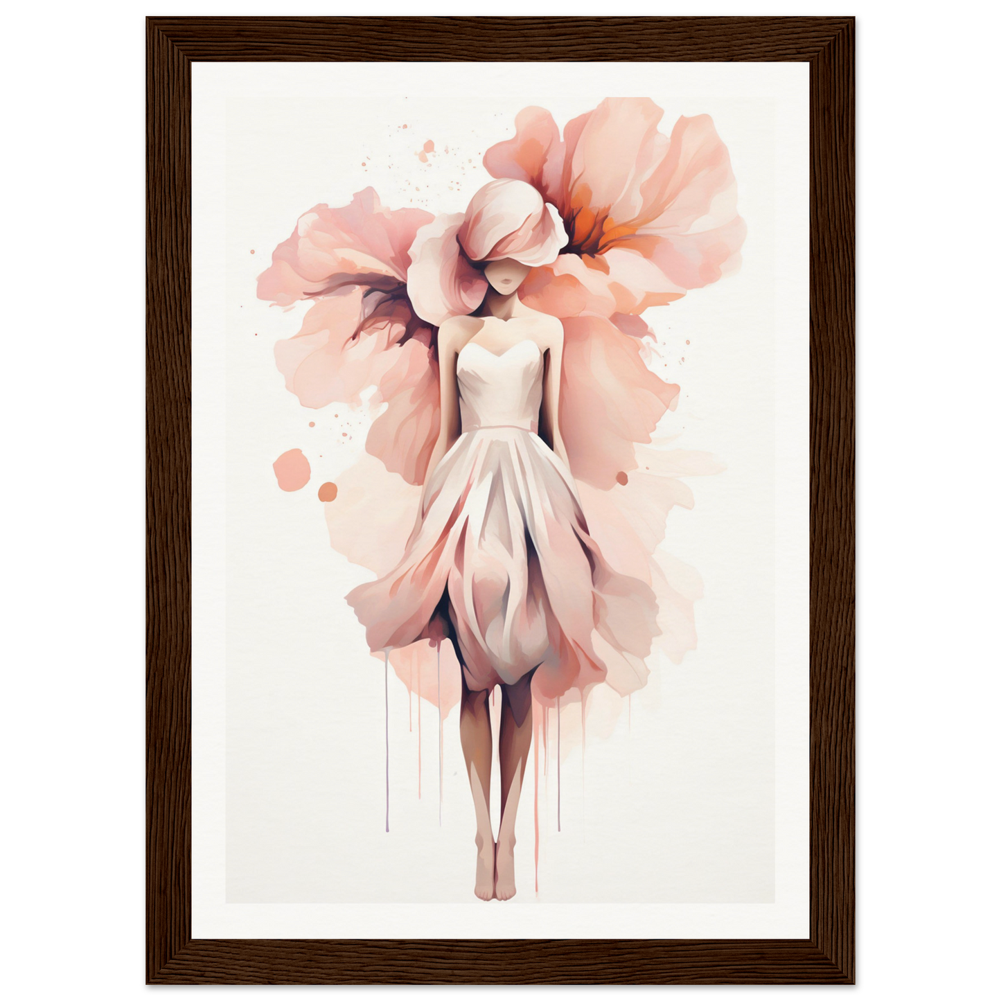 A framed print with a woman in a dress and flowers