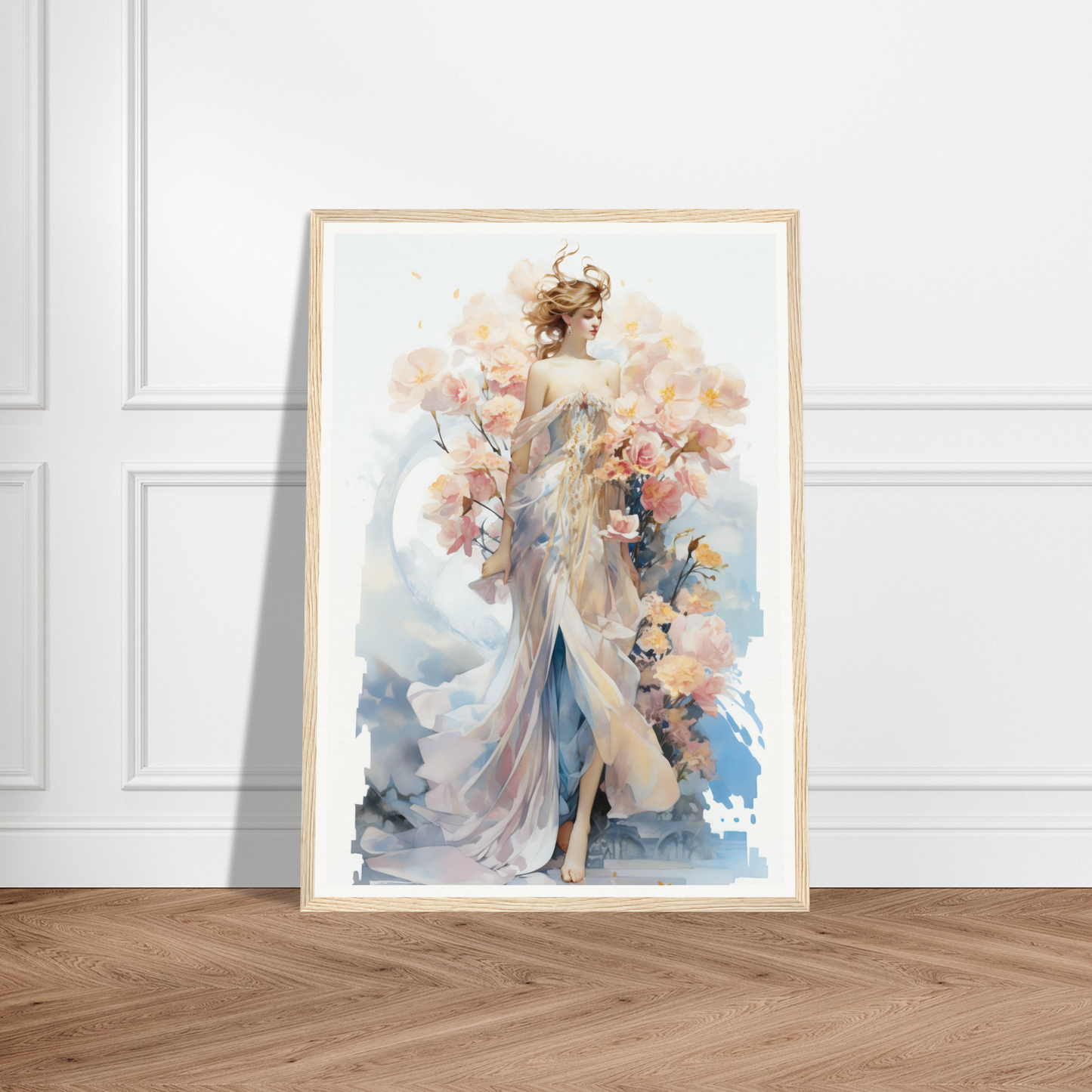 A framed print of a woman in a long dress with flowers