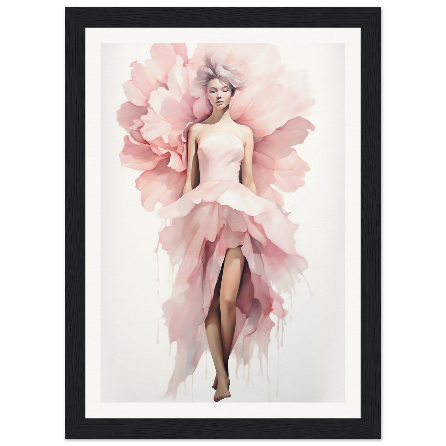 A framed print of a woman in pink dress with large pink flowers