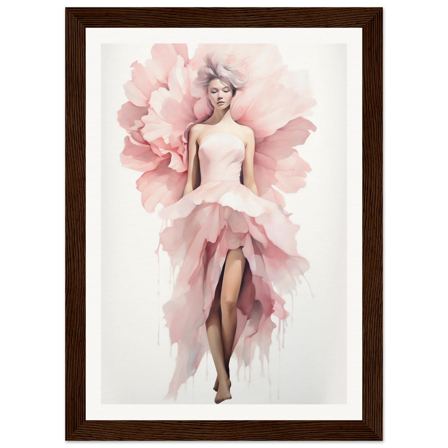 A framed print of a woman in a pink dress