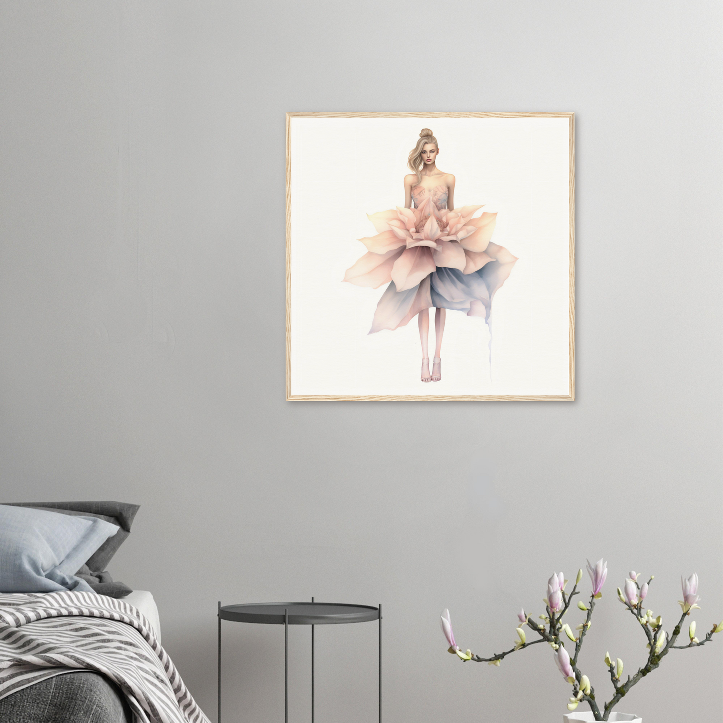 A framed print of a woman in a pink dress