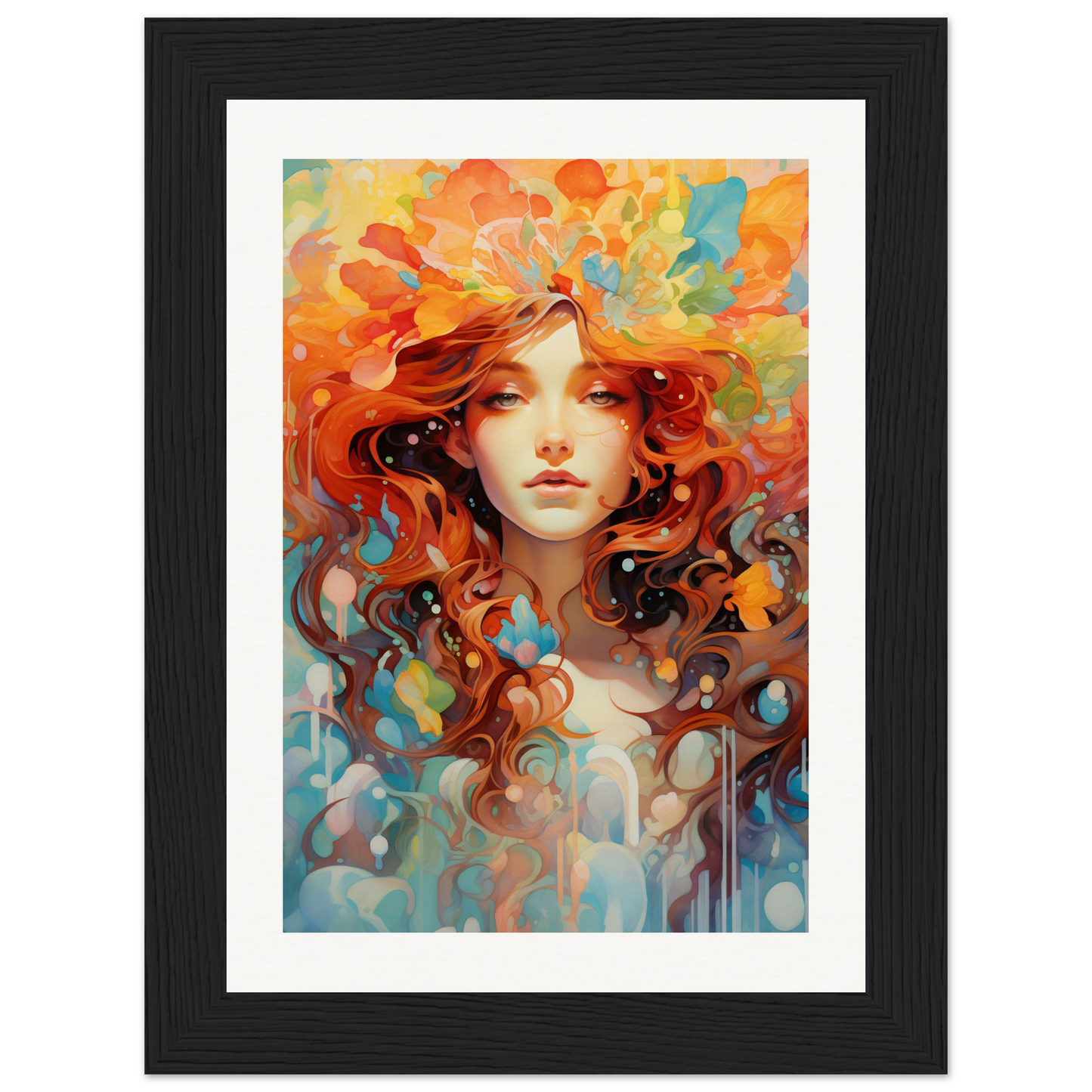 A framed print of a woman with red hair and flowers