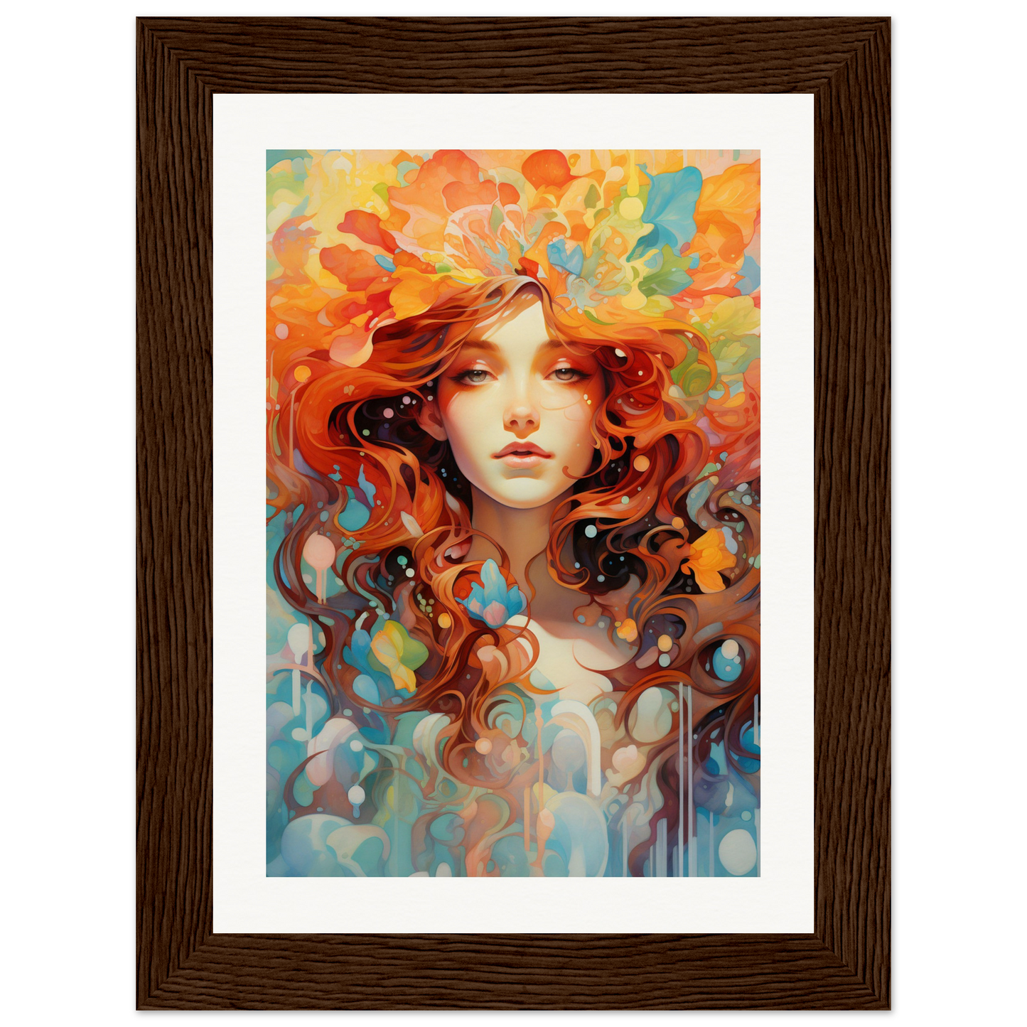 A framed print of a woman with red hair and flowers
