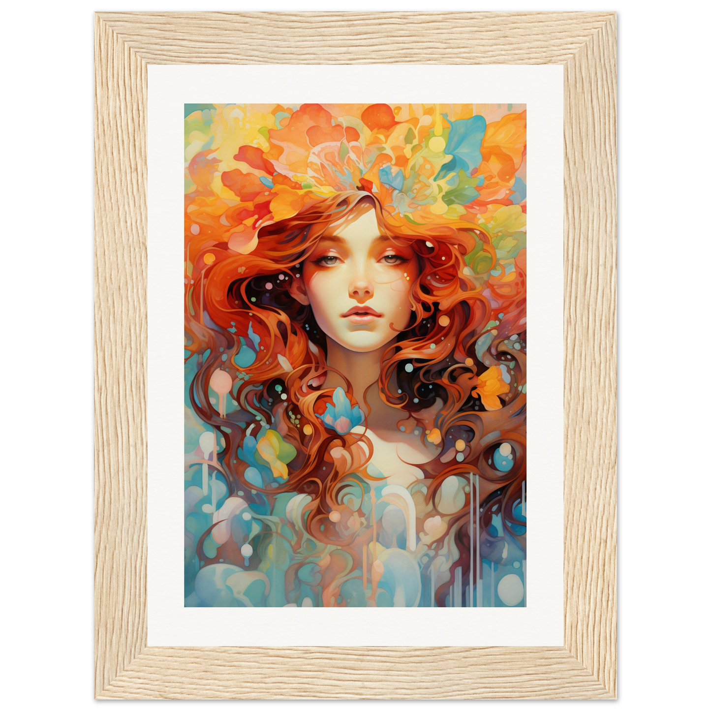 A framed print of a woman with red hair and flowers