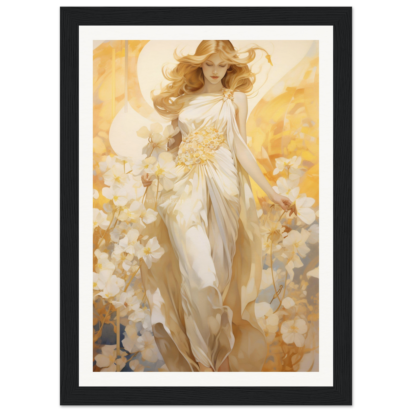 A framed print of a woman in a white dress and hat