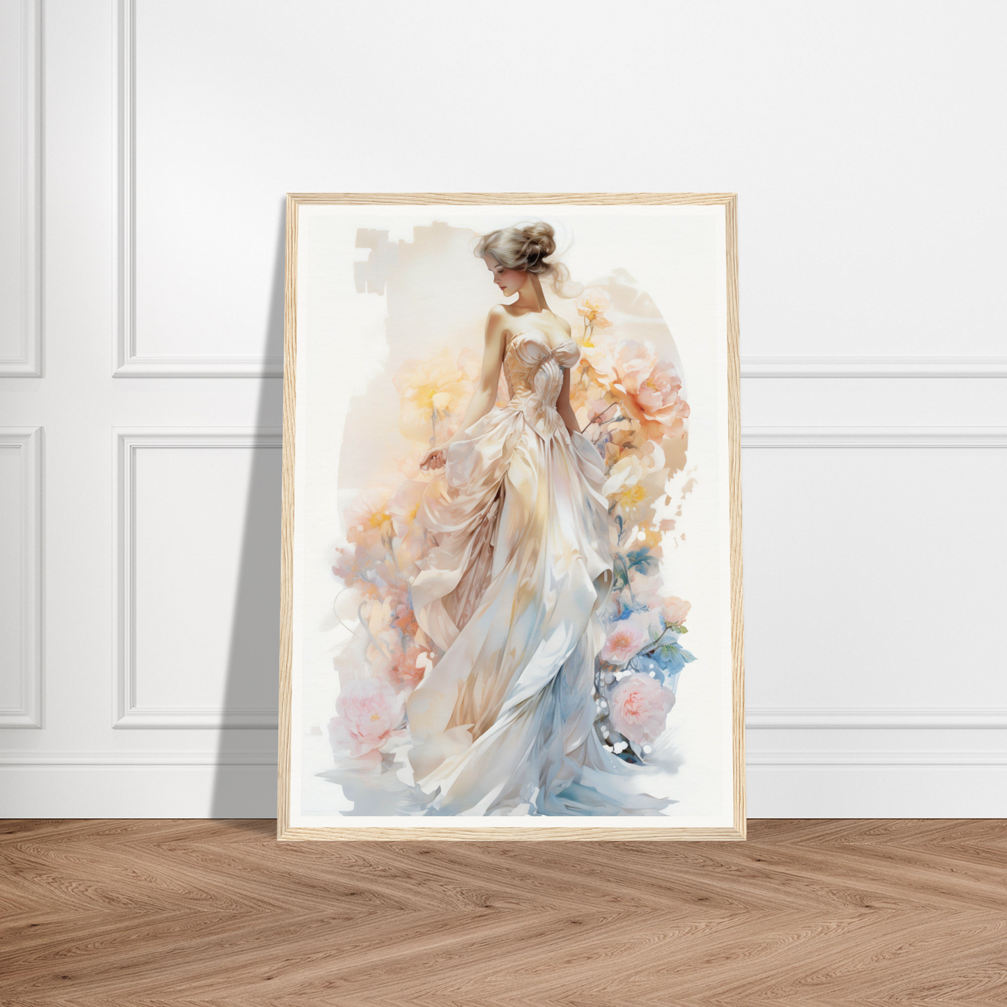 A framed print of a woman in a white dress with flowers