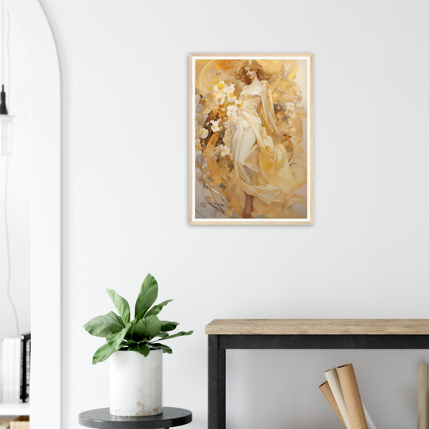 A framed print of a woman in a white dress with flowers on the wall
