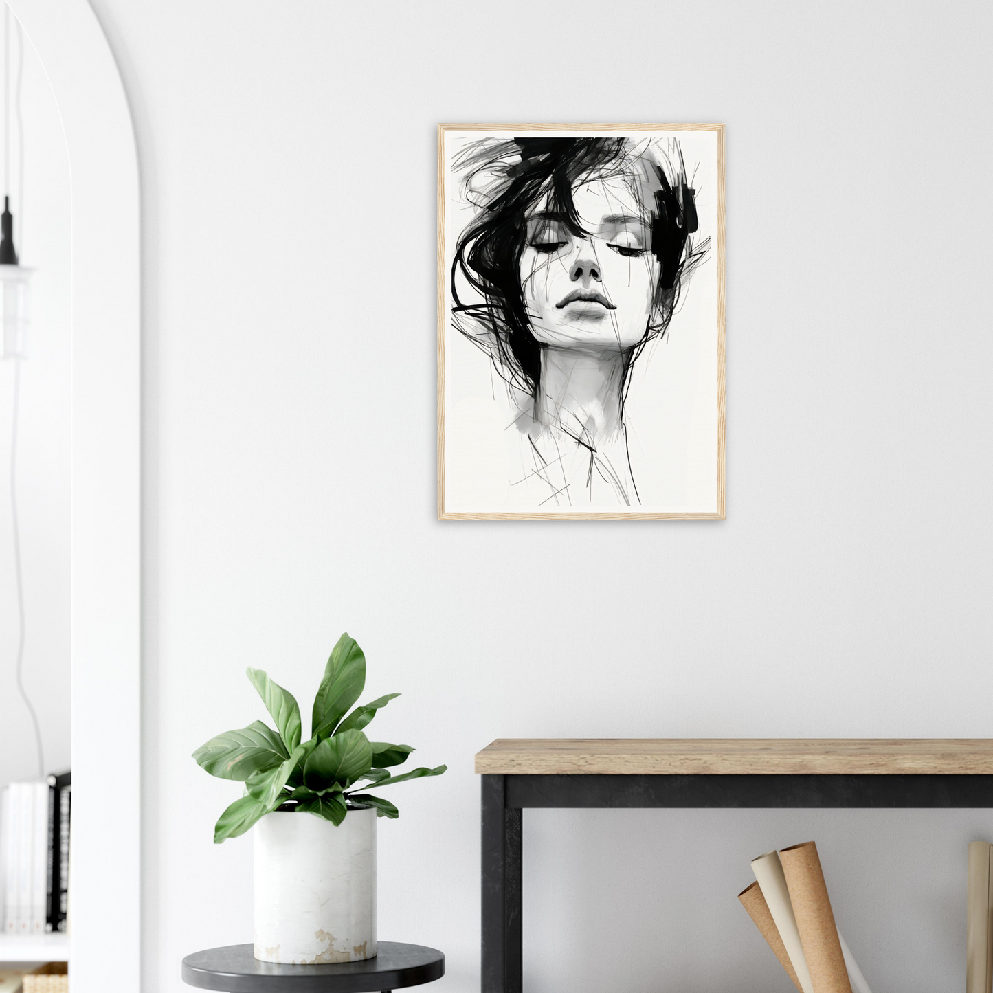 A framed print of a woman’s face