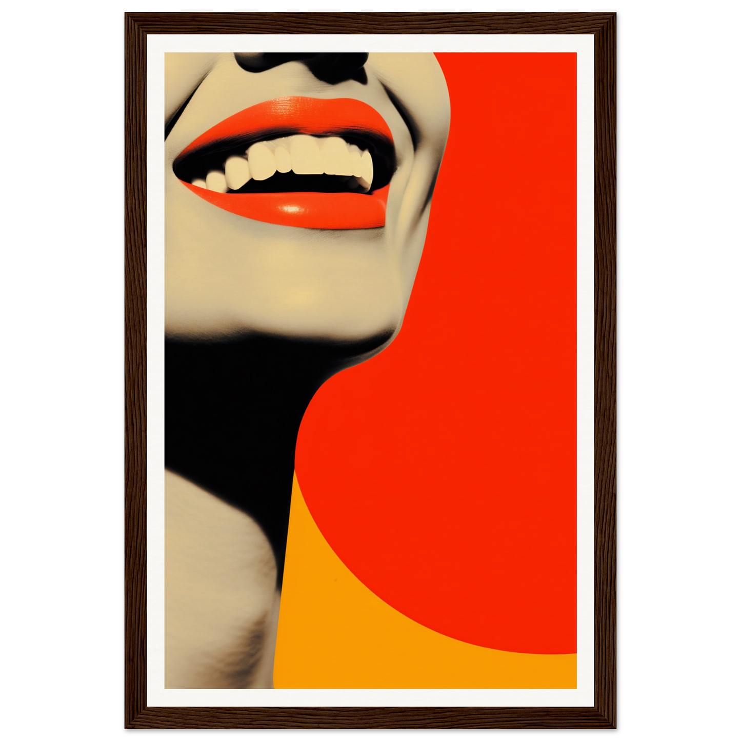 A framed print of a woman’s mouth with red lips