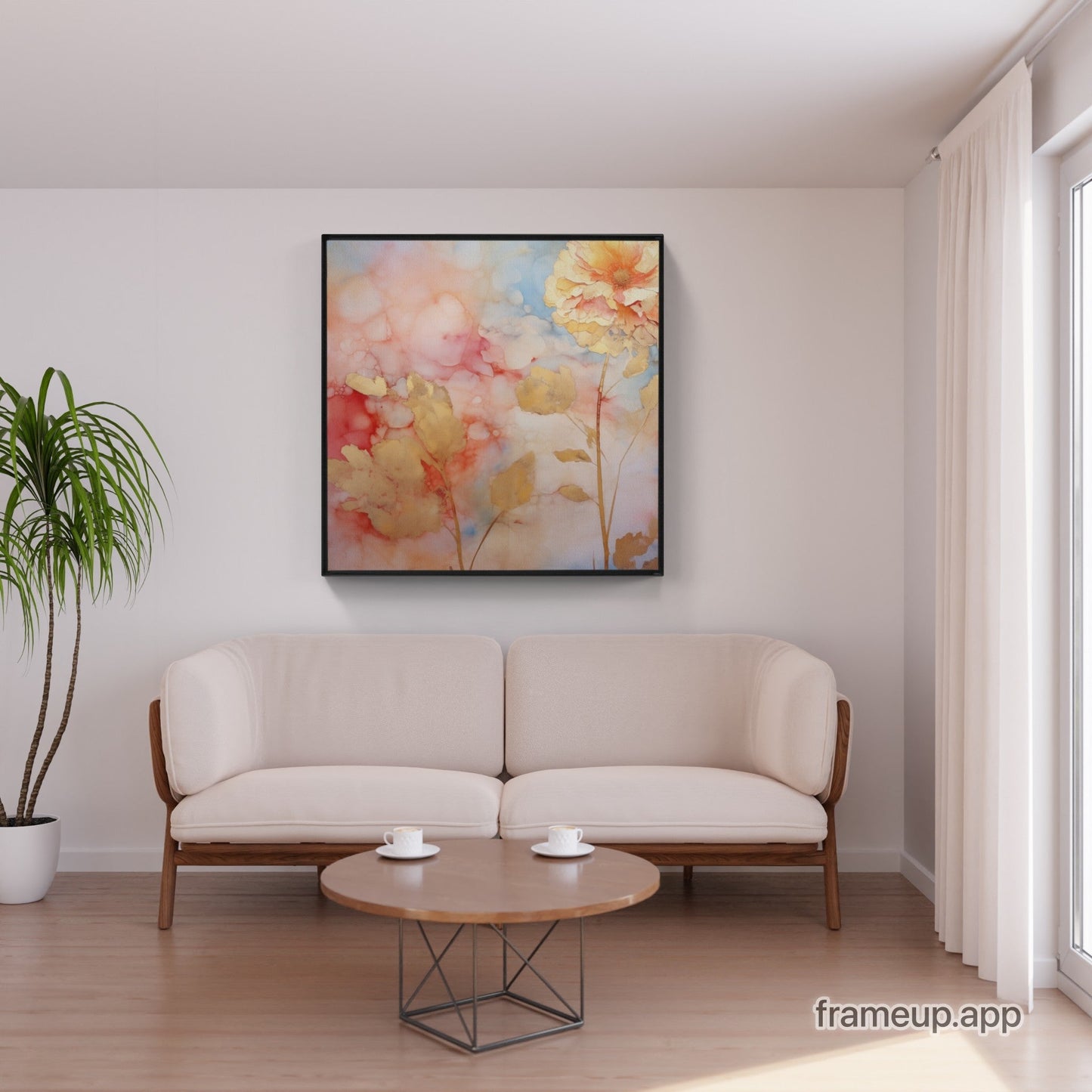 Abstract painting with soft pastel colors in a black frame.