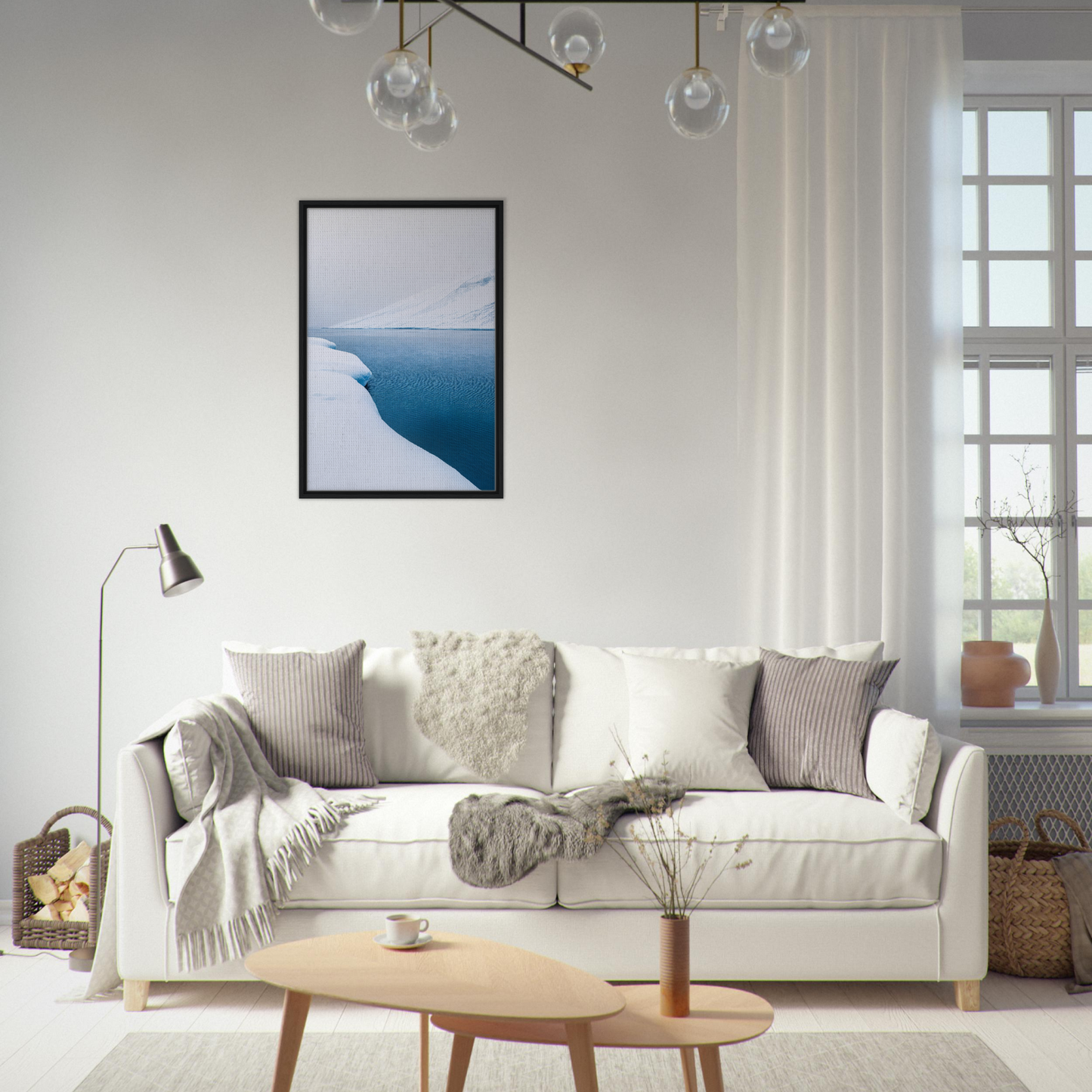 White sofa adorned with throw pillows and blankets for Frozen Serenity Echoes room decor