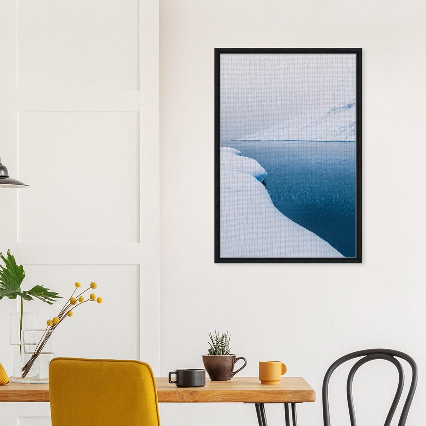 Framed photograph of snowy coastline and deep blue water for Frozen Serenity Echoes room decor