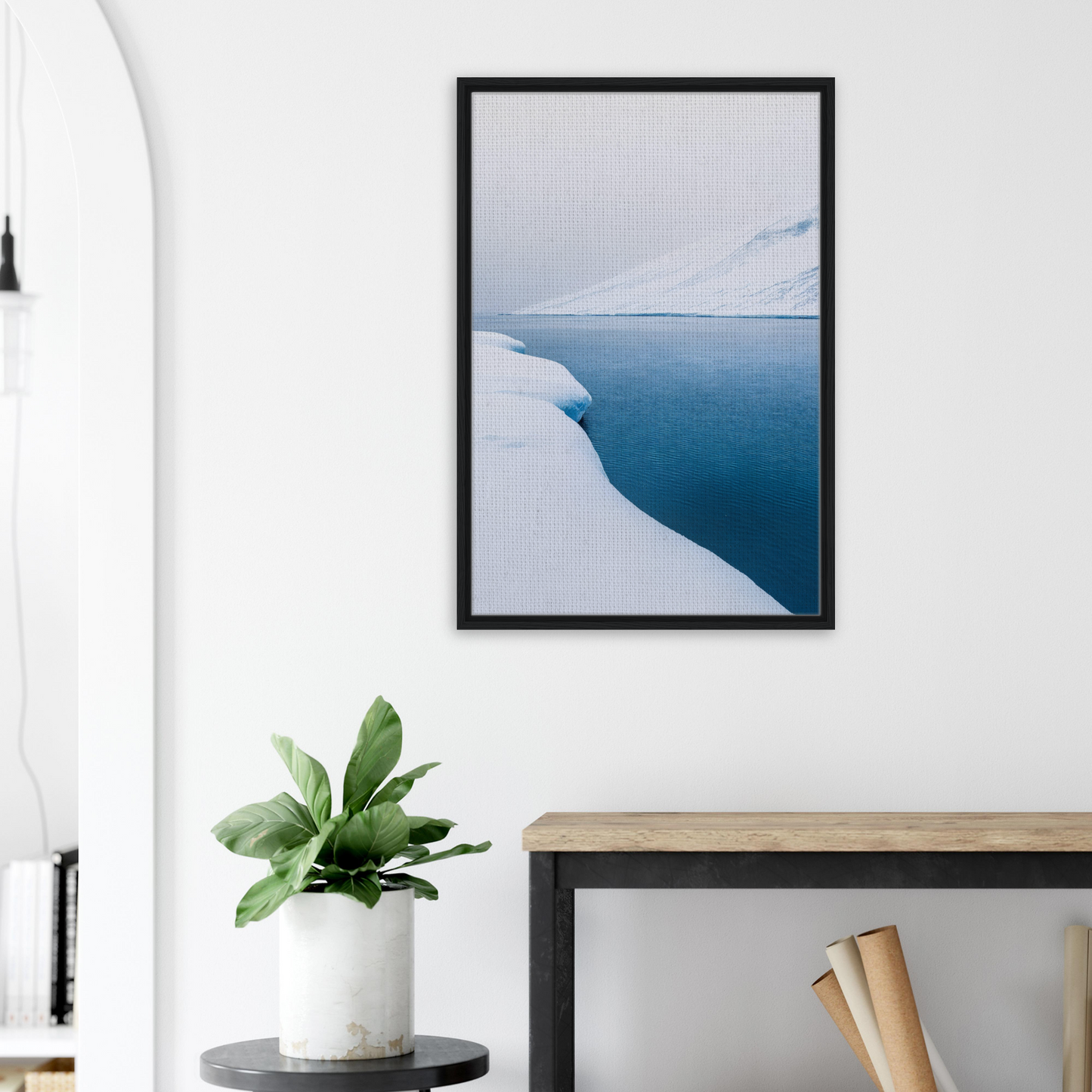 Framed photograph of a snowy landscape and blue water for Frozen Serenity Echoes room decor