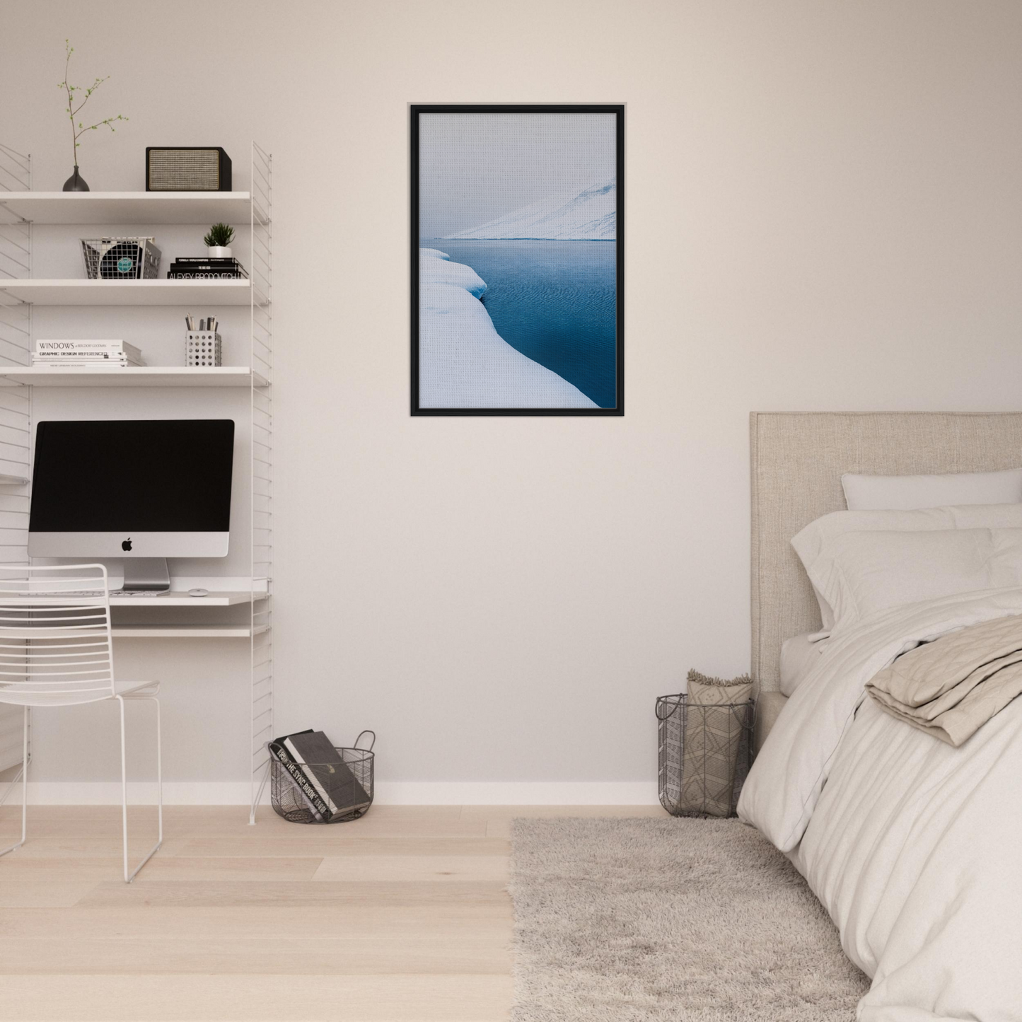 Framed photograph of a snowy coastline and deep blue water for Frozen Serenity Echoes room decor