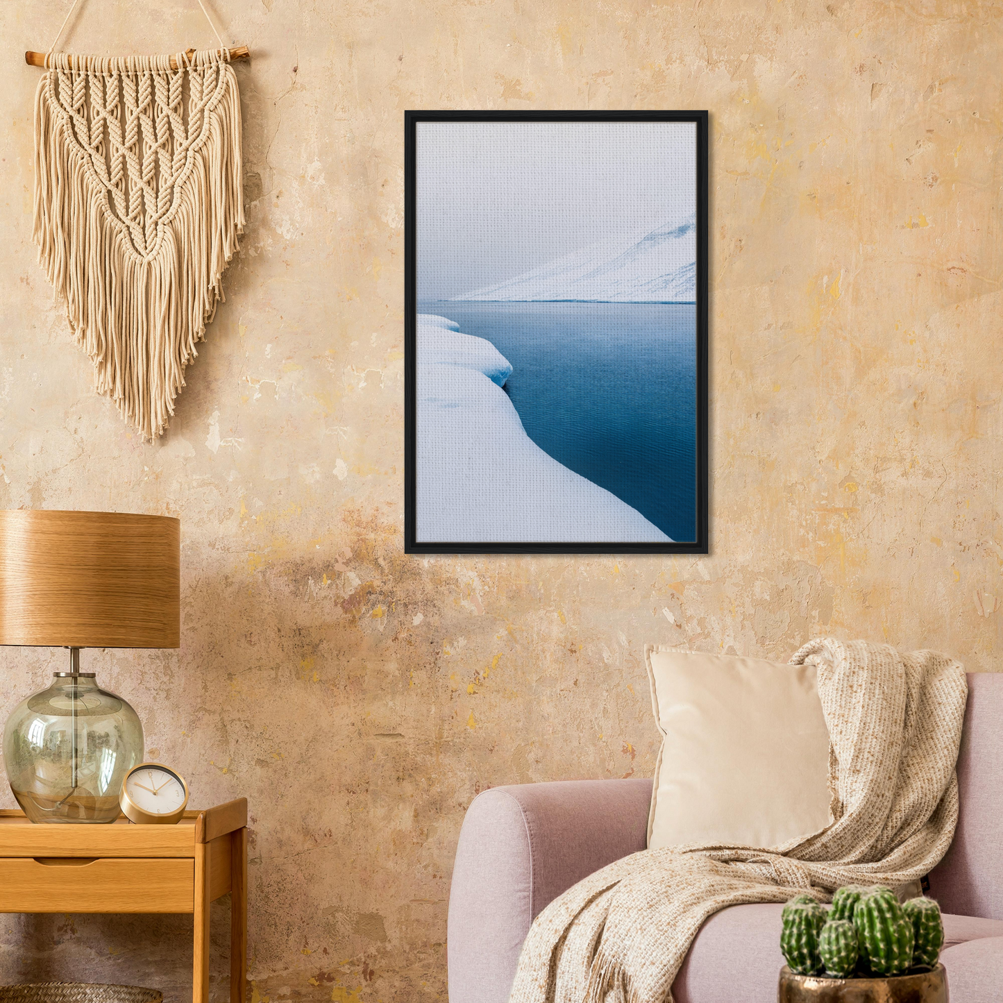Framed canvas print of Frozen Serenity Echoes with snowy landscape and blue water