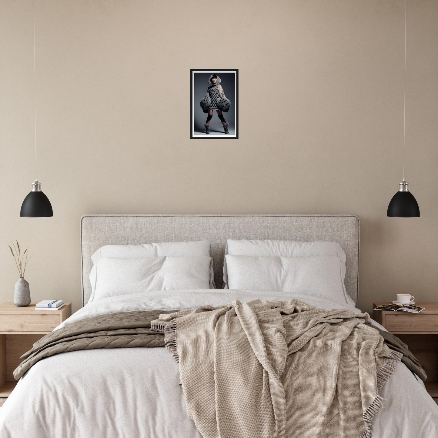 Bed with white linens, beige headboard, and neutral-toned bedding.