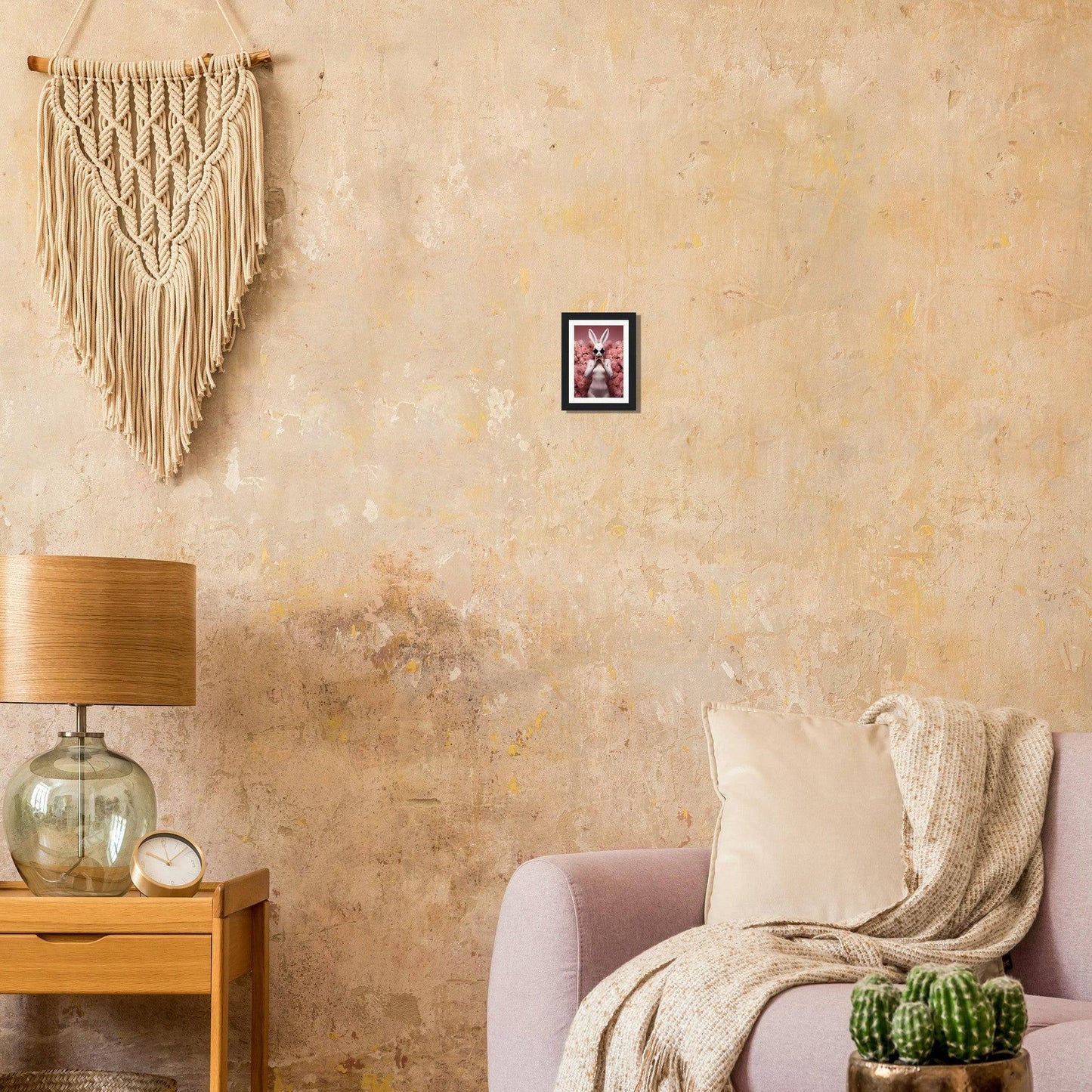 Macramé wall hanging with intricate knotted patterns and fringe.