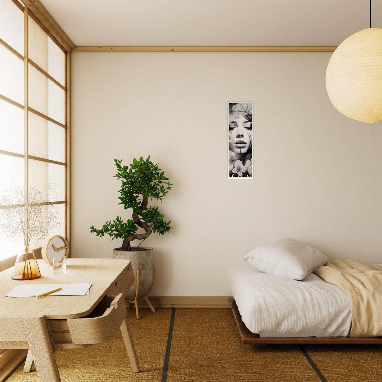 Minimalist bedroom with Japanese-inspired design elements.
