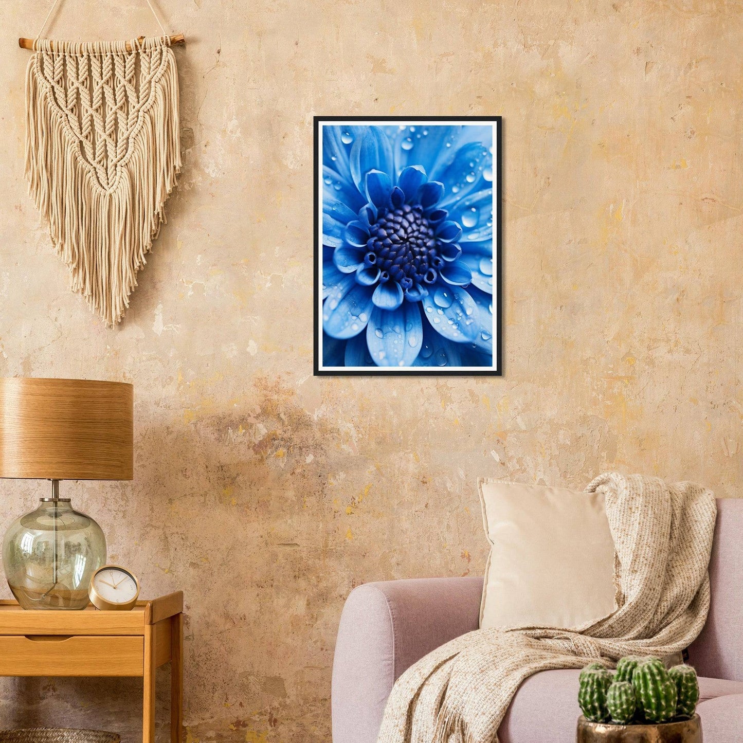 Framed photograph of a vibrant blue flower with intricate petals.