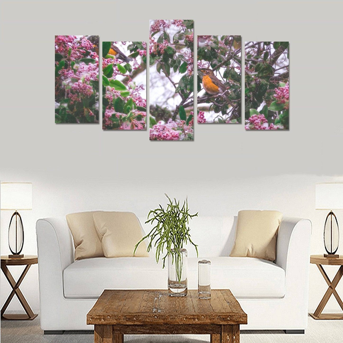 Five-panel canvas wall art depicting a bird among flowering branches.