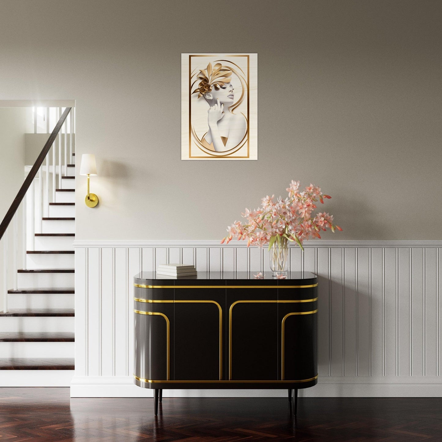 Elegant black sideboard with gold trim and curved edges.
