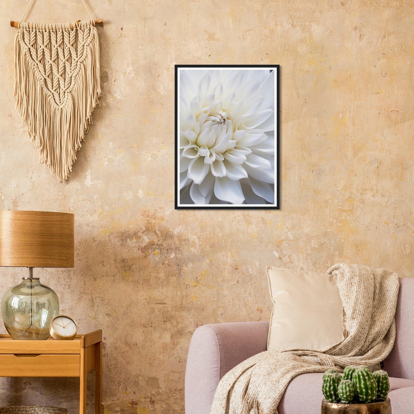 Framed photograph of a white dahlia flower in close-up.