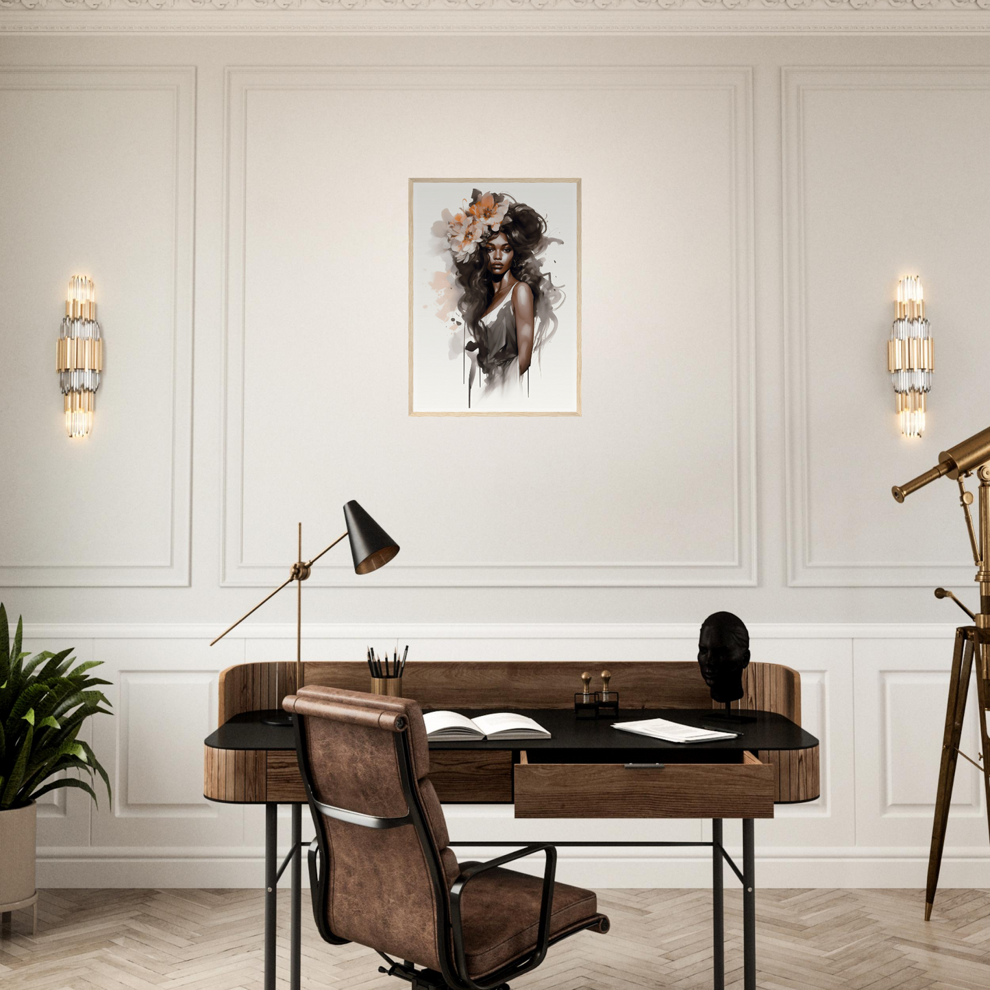 Elegant wooden desk with leather chair in a stylish home office setting.