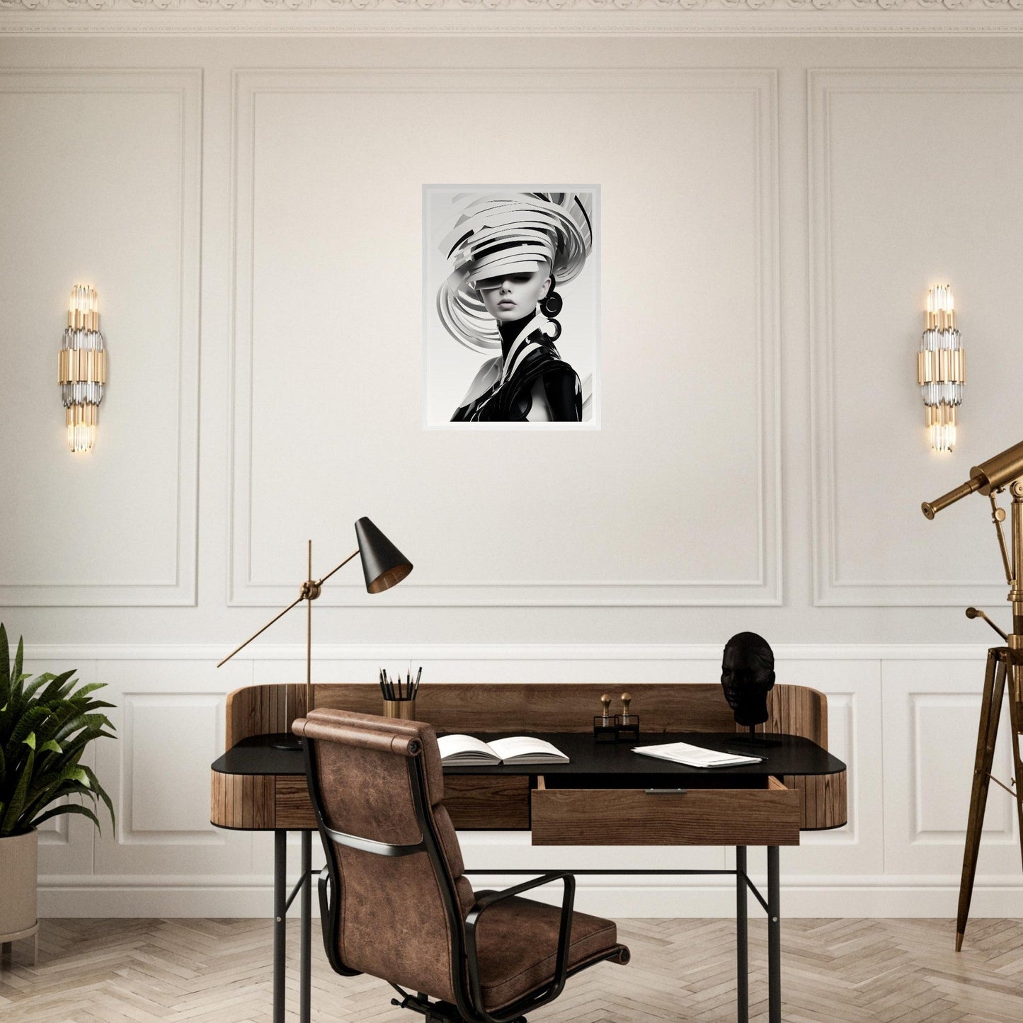 Elegant home office desk with a leather chair and decorative accessories.
