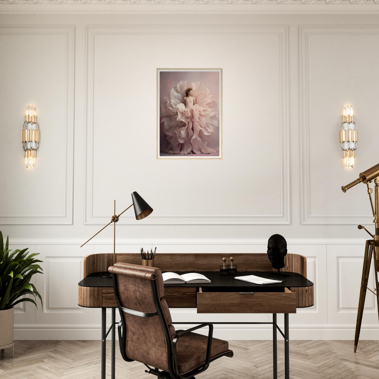 Wooden desk with a leather chair in a home office setting.
