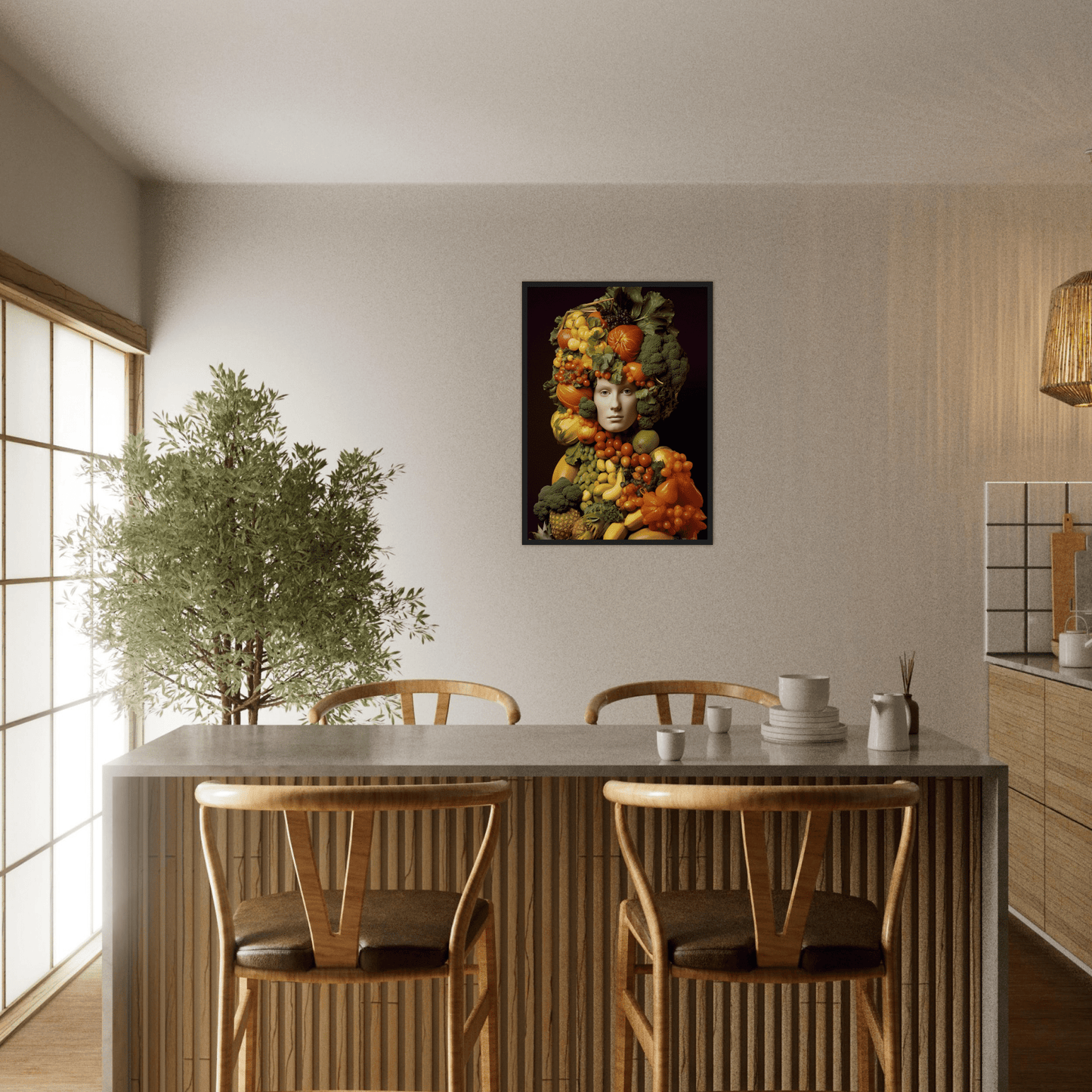 Dining area with a table, chairs, and a decorative fruit-themed artwork on the wall.