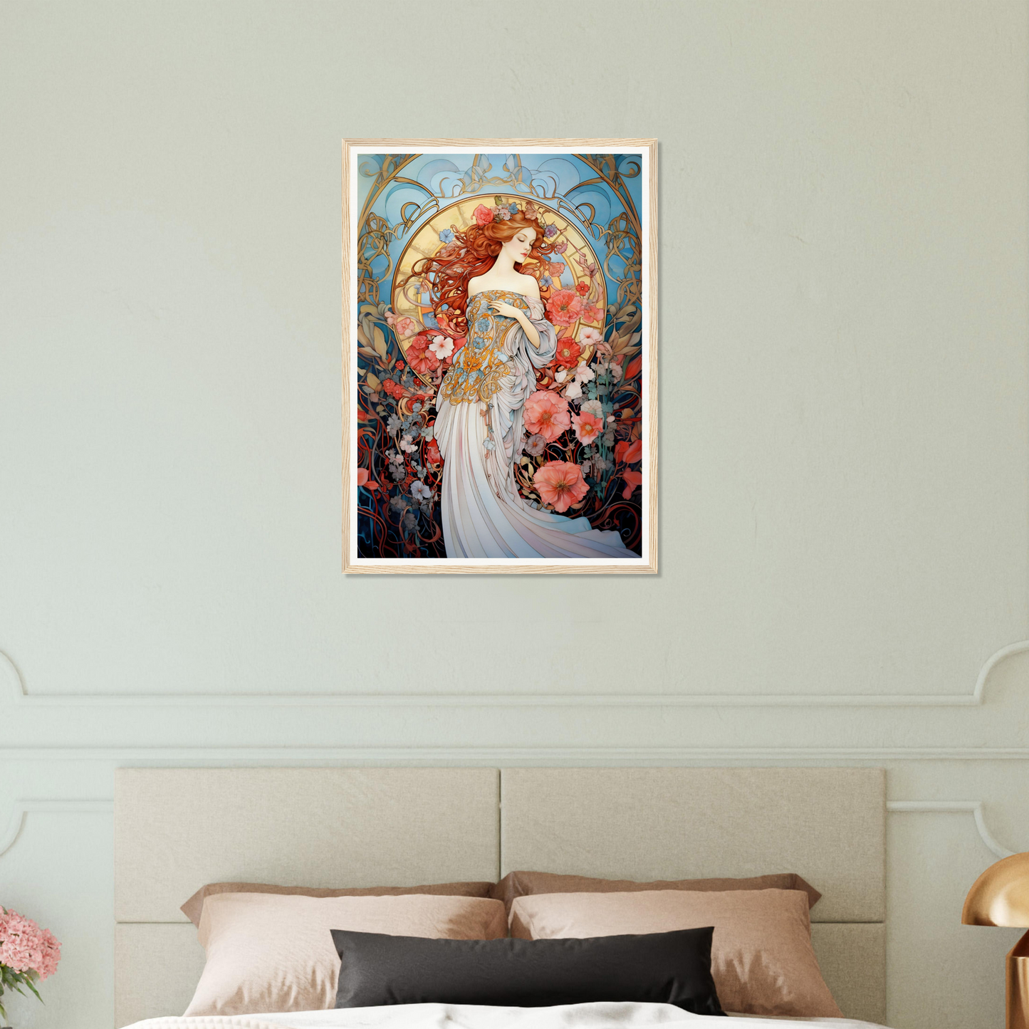 Art Nouveau-style painting of a woman surrounded by flowers and ornate decorative elements.
