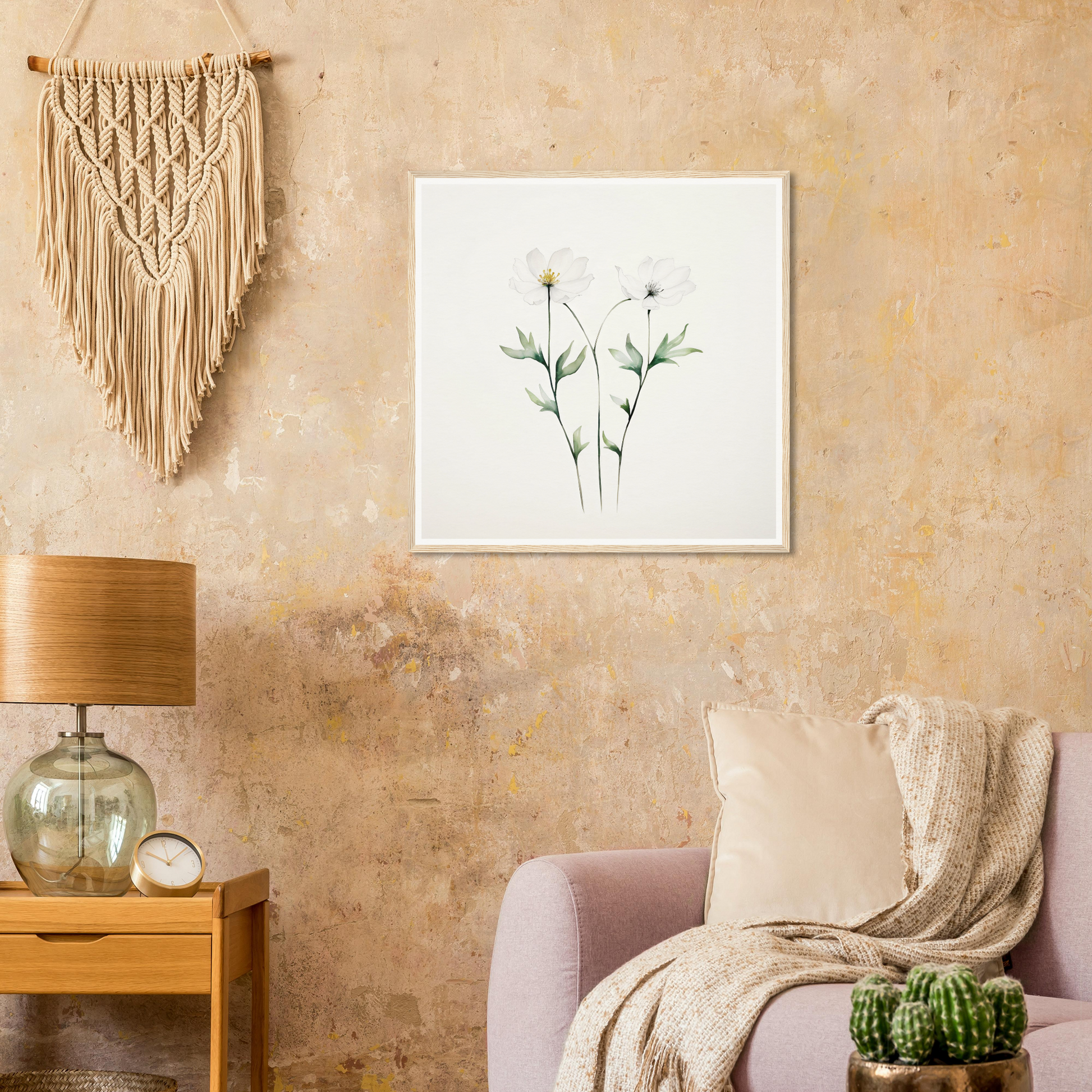 Macramé wall hanging with intricate knotted patterns and fringe.