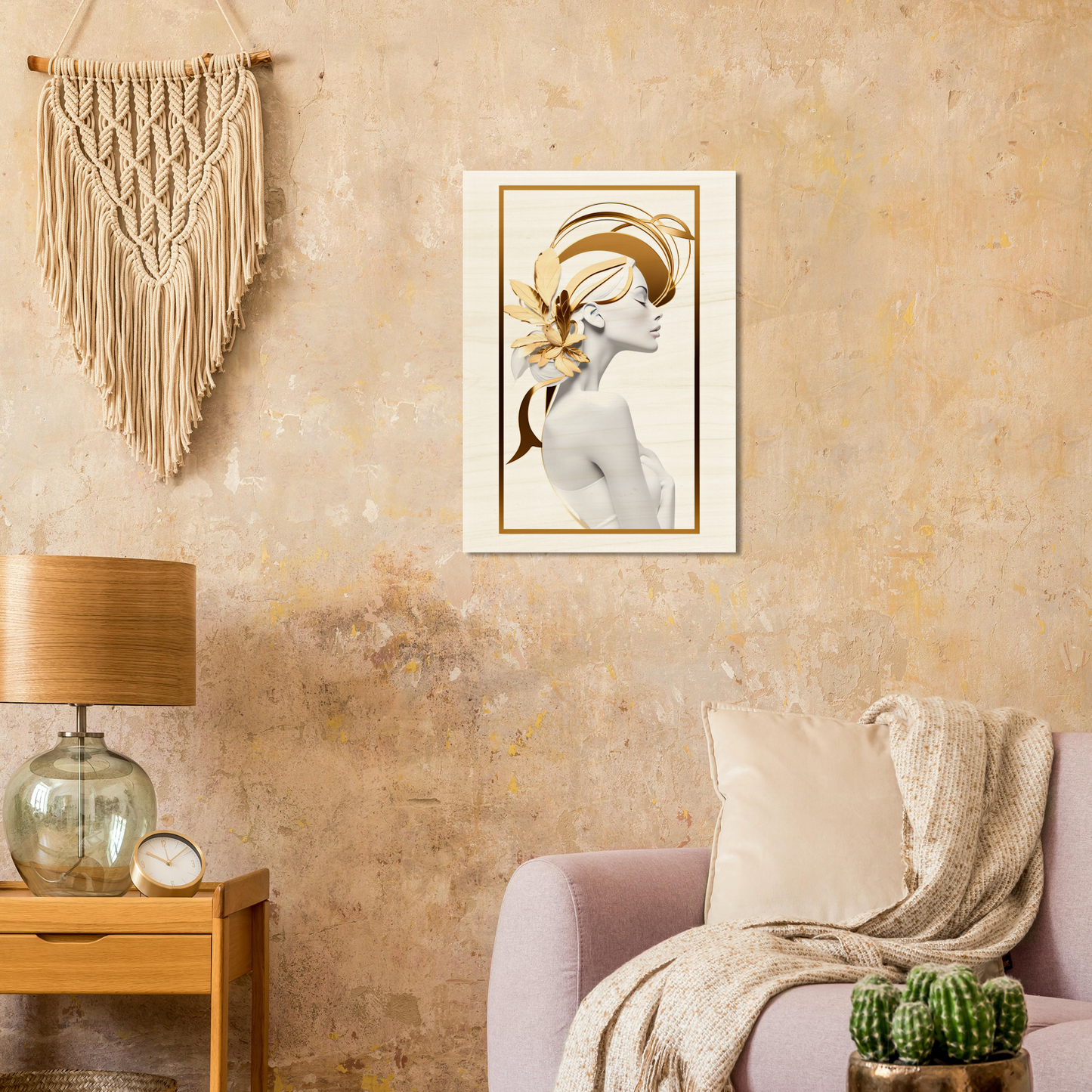 Framed artistic print depicting a stylized profile of a figure with golden accents.