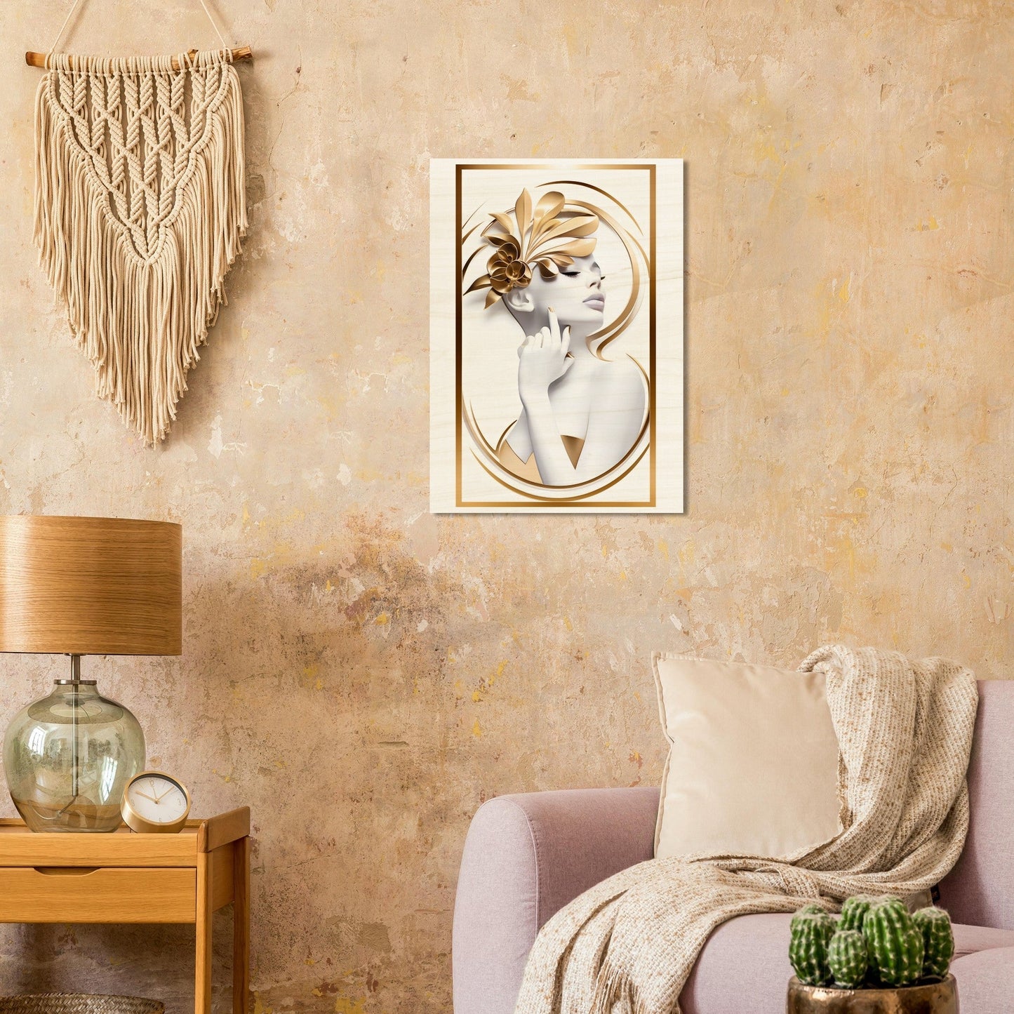 Framed portrait of a woman with an elaborate hairstyle in golden tones.