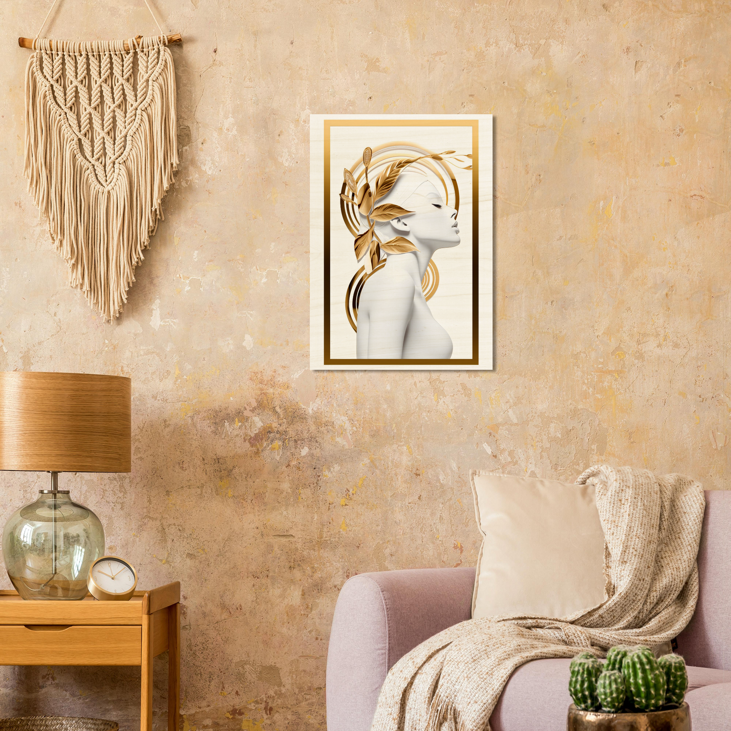 Framed artistic portrait featuring a figure with golden leaf-like elements.