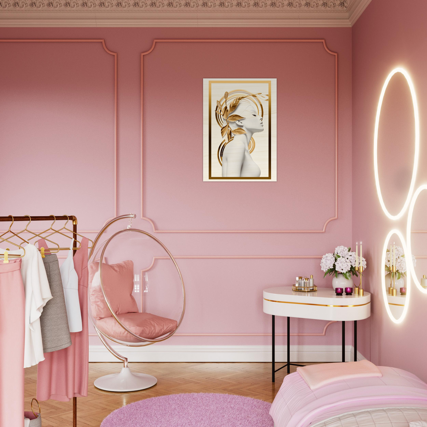 Pink bedroom with feminine decor and modern furnishings.
