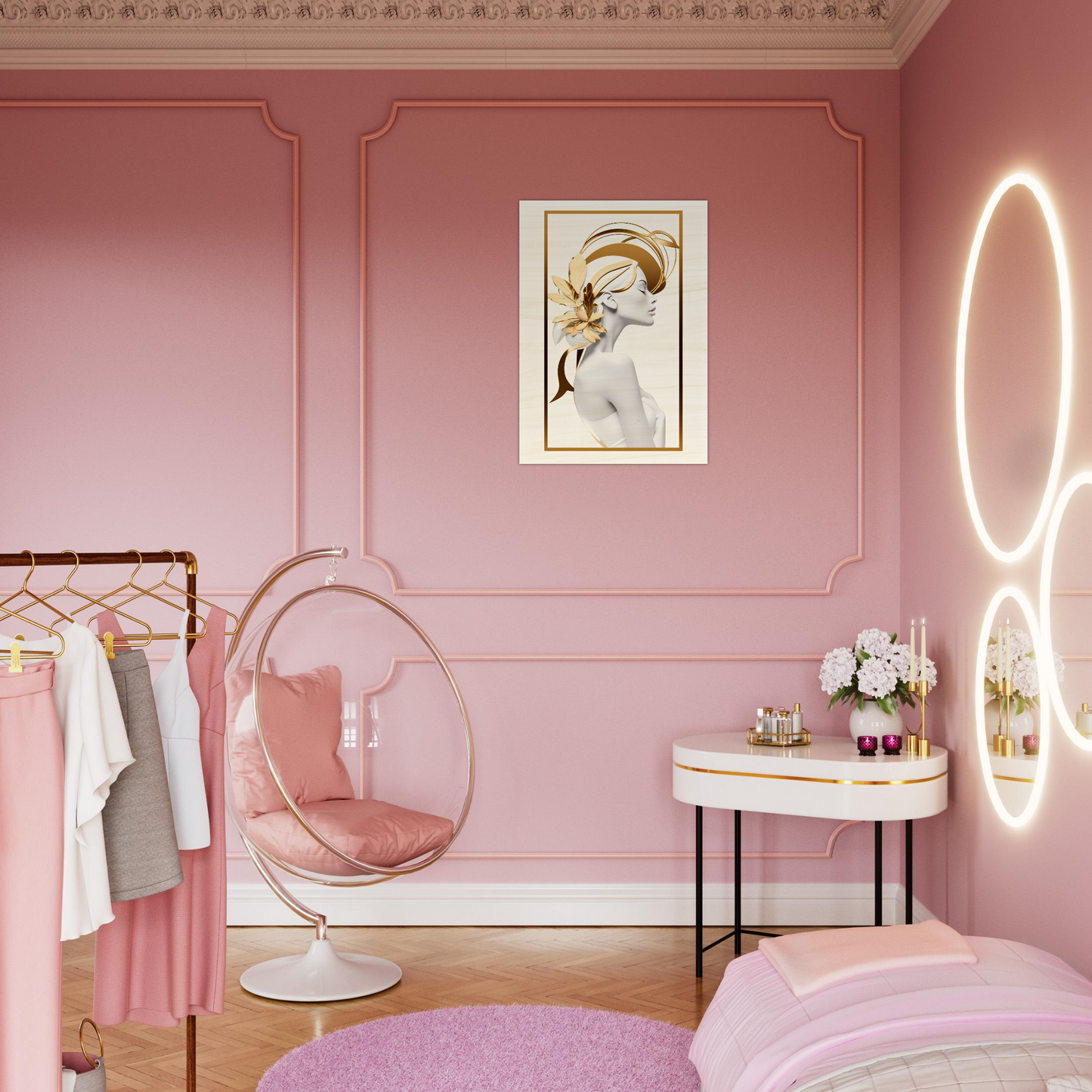 Pink bedroom with feminine decor and modern accents.